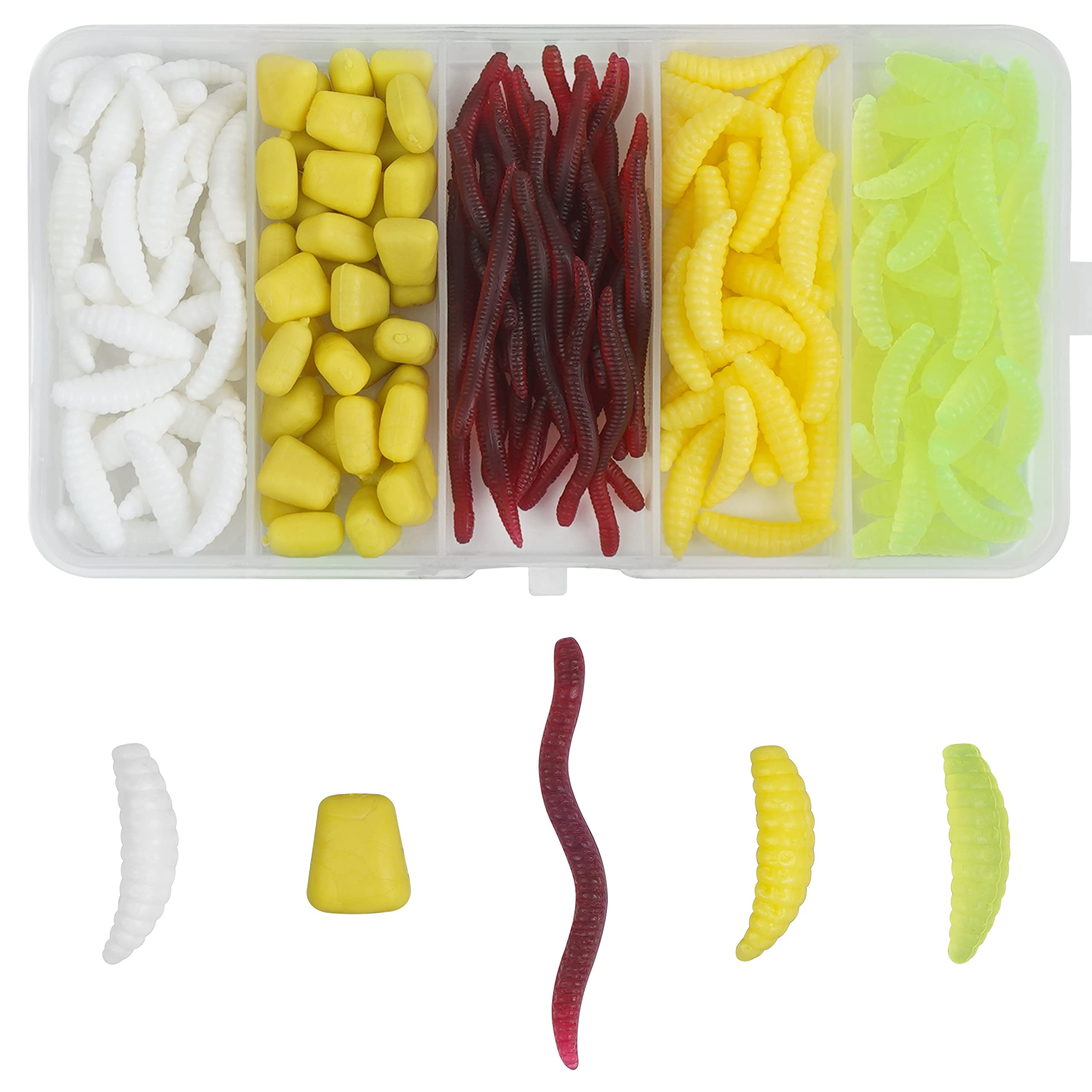 Worm Bass Fishing Lure Kit 170pcs Soft Plastic Earthworm Corn And Maggot Shape Fishing Lures Smelling Fake Worms Fishing Lures Carp Fishing Baits with Box, Freshwater Saltwater Lure Baits