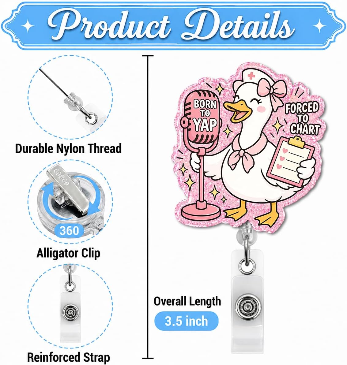 Cute Pink Goose Nurse Badge Reel, Funny Coquette Silly Goose ID Badge Holder with Retractable Clip, Nurse Nursing Student RN LPN CNA MA Medical Worker Doctor Name Badges Clip image 2