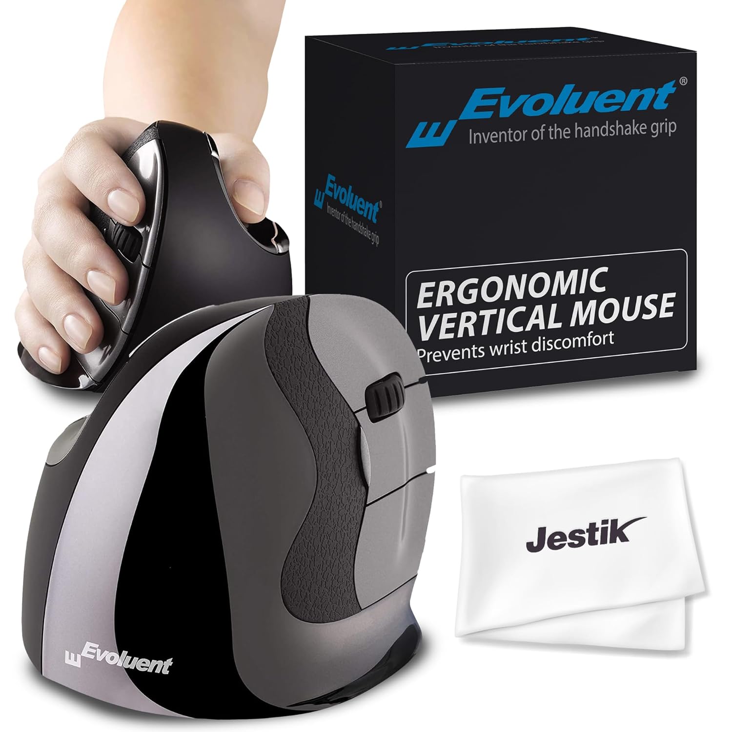 Evoluent Mouse VMDS – VerticalMouse D, Right Hand Ergonomic Design, Evoluent Vertical Mouse D Small with Wired USB Connection for Laptop and PC, Plus Jestik Microfiber Cloth