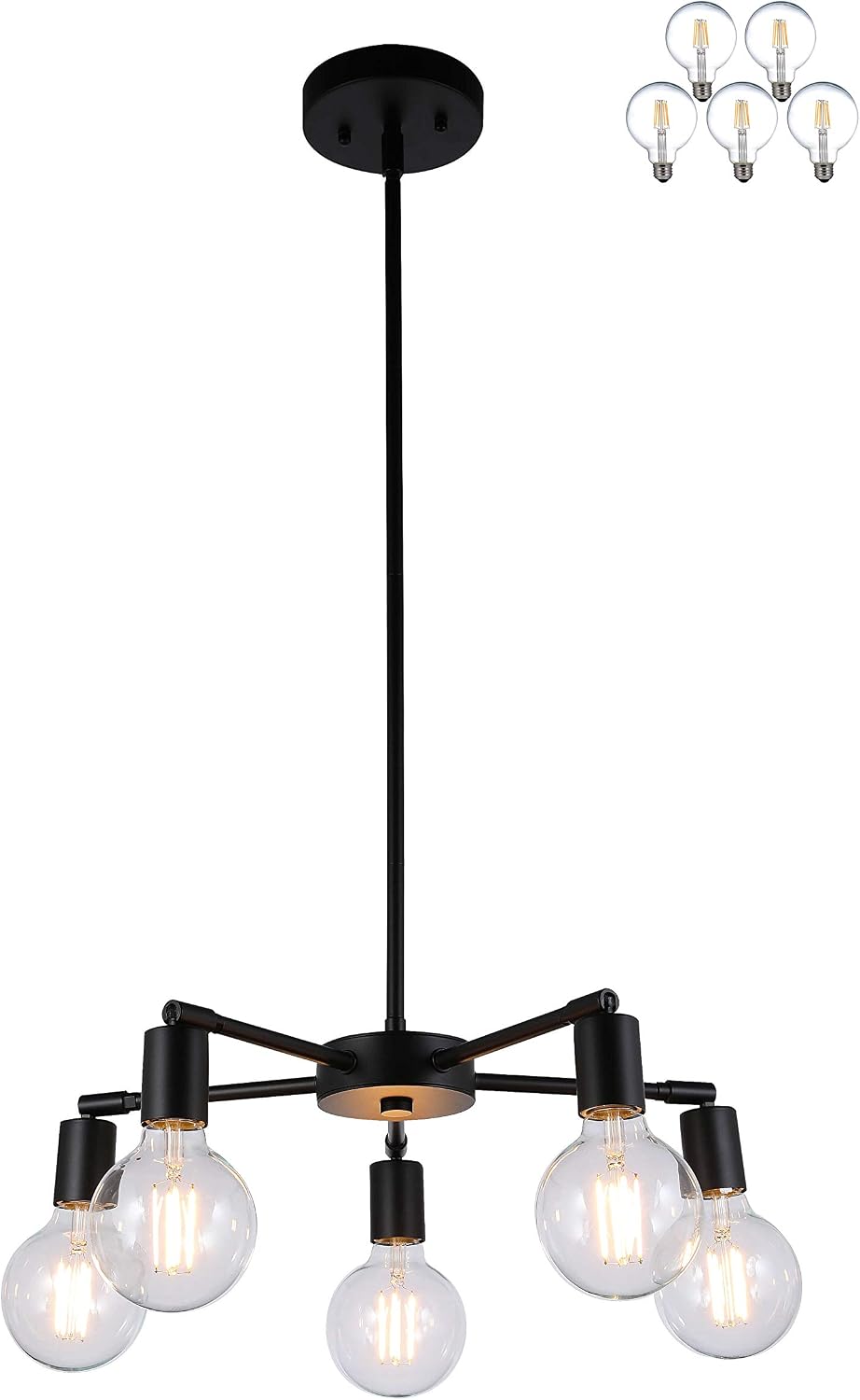 XiNBEi Lighting 5 Light Modern Sputnik Chandelier, Farmhouse Adjustable Matte Black Pendant Light for Dining Room Kitchen (LED blubs Included)