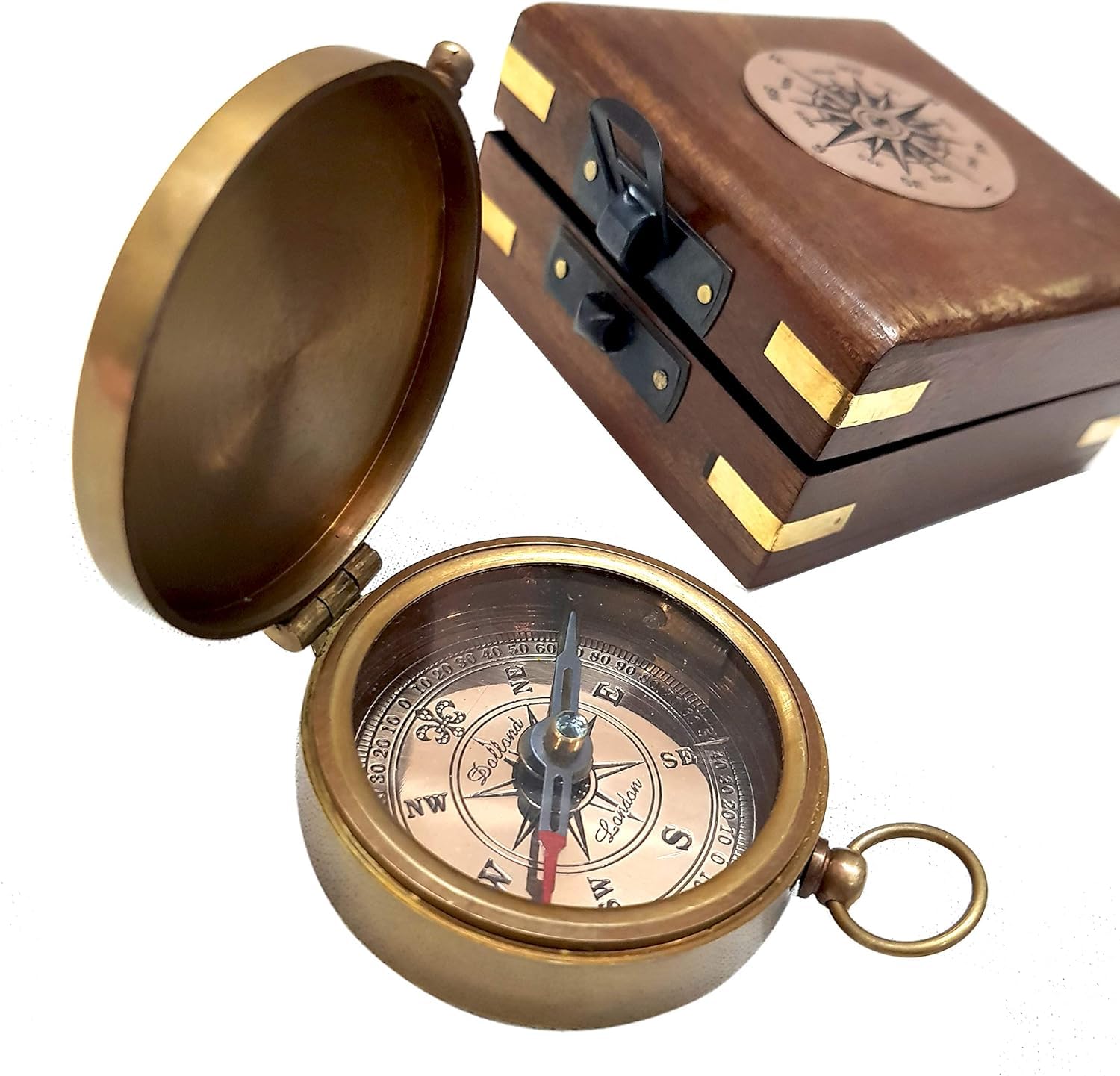 Handmade Brass Nautical Poem Antique Compass with Wooden Box for Hiking Camping Motoring Boating Backpacking Vintage Navigation Decorative Gift Item (Design_08)-picture-12