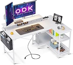 ODK Scrivania Angolare Reversibile, 120x80cm Scrivania Gaming a L con Porta di Ricarica USB e Presa di Corrente, Tavolo a L per Casa Ufficio, Bianco
