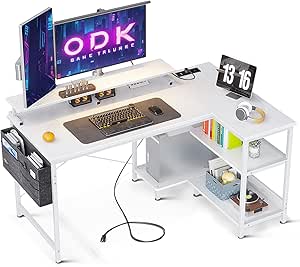 Bureau D'Angle Gaming Réversible ODK 168×120 Cm Blanc – 2 Prises + 2 USB, Étagères Réglables & Grand Rangement