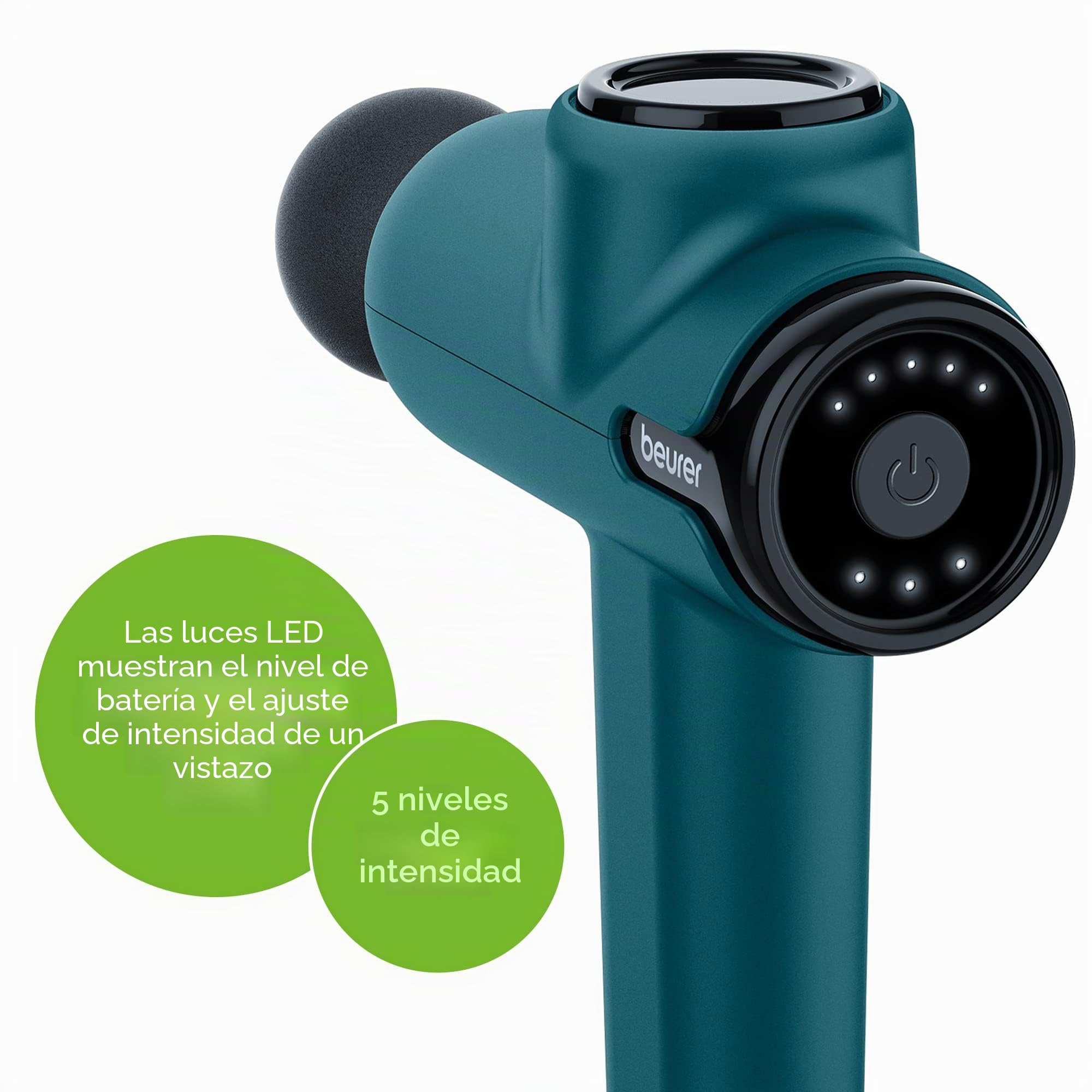 Beurer MG99 - Pistola de masaje compacta, mini masajeador de tejido profundo con 4 accesorios, potente masaje de punto de disparo para aliviar la tensión, masajeador de mano con 5 niveles de