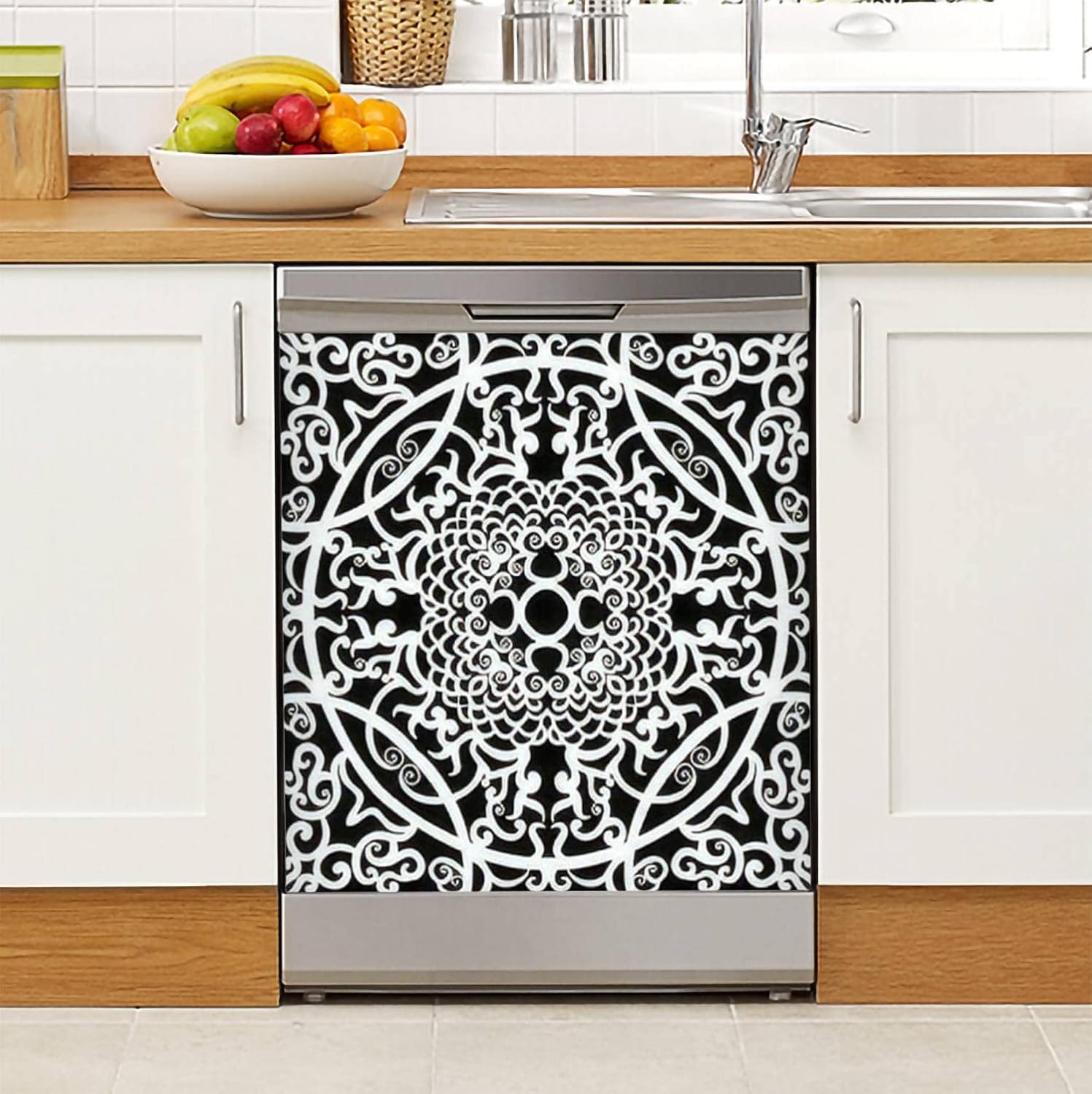 Floral Dishwasher Cover White Black Traditional