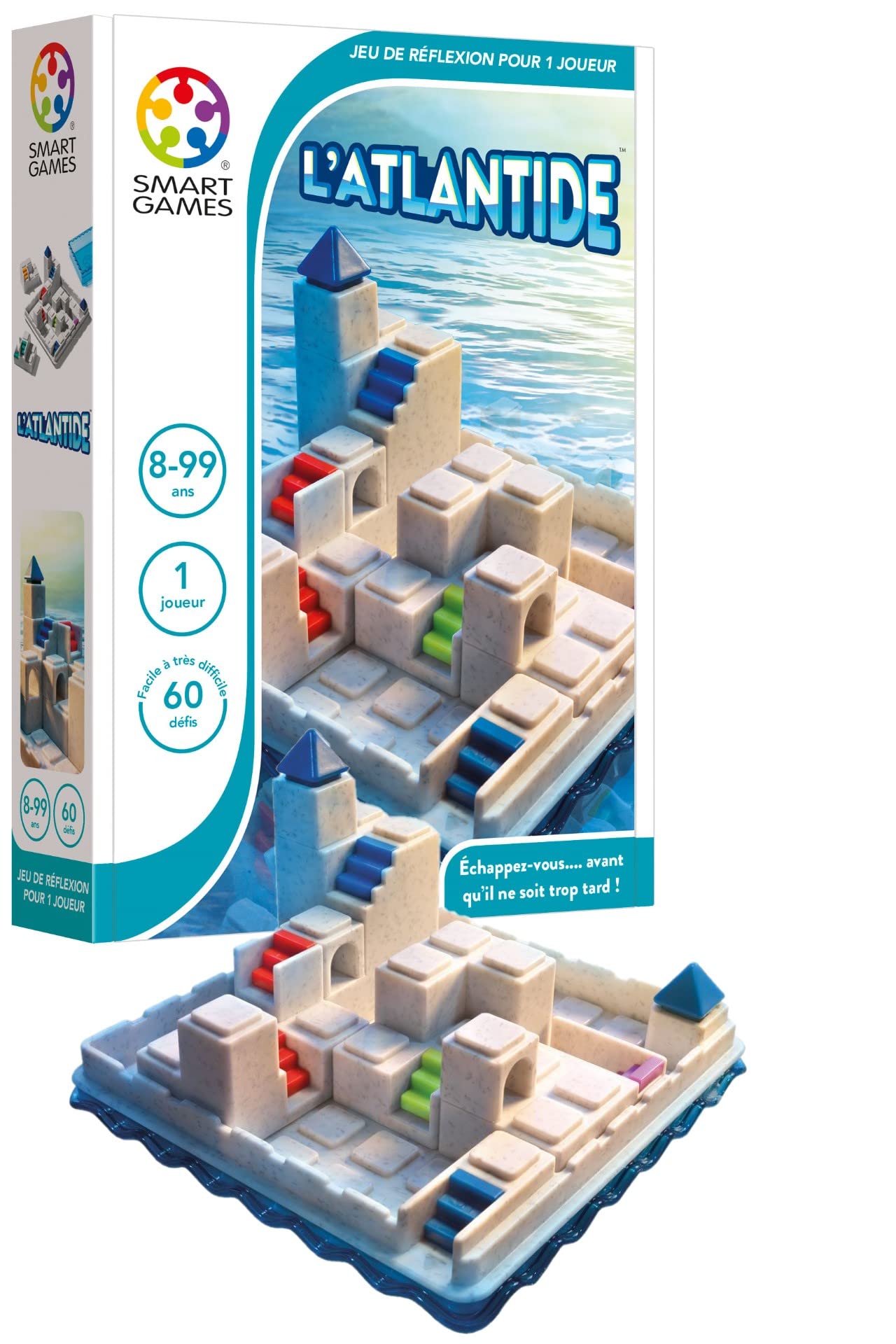 SmartGames - L'Atlantide - Jeu de Réflexion - Puzzle - 60 Défis 3D de Niveau Facile à Difficile - Echappe toi Avant qu'il Soit trop Tard - 1 Joueur - De 8 à 99 Ans - Version Française