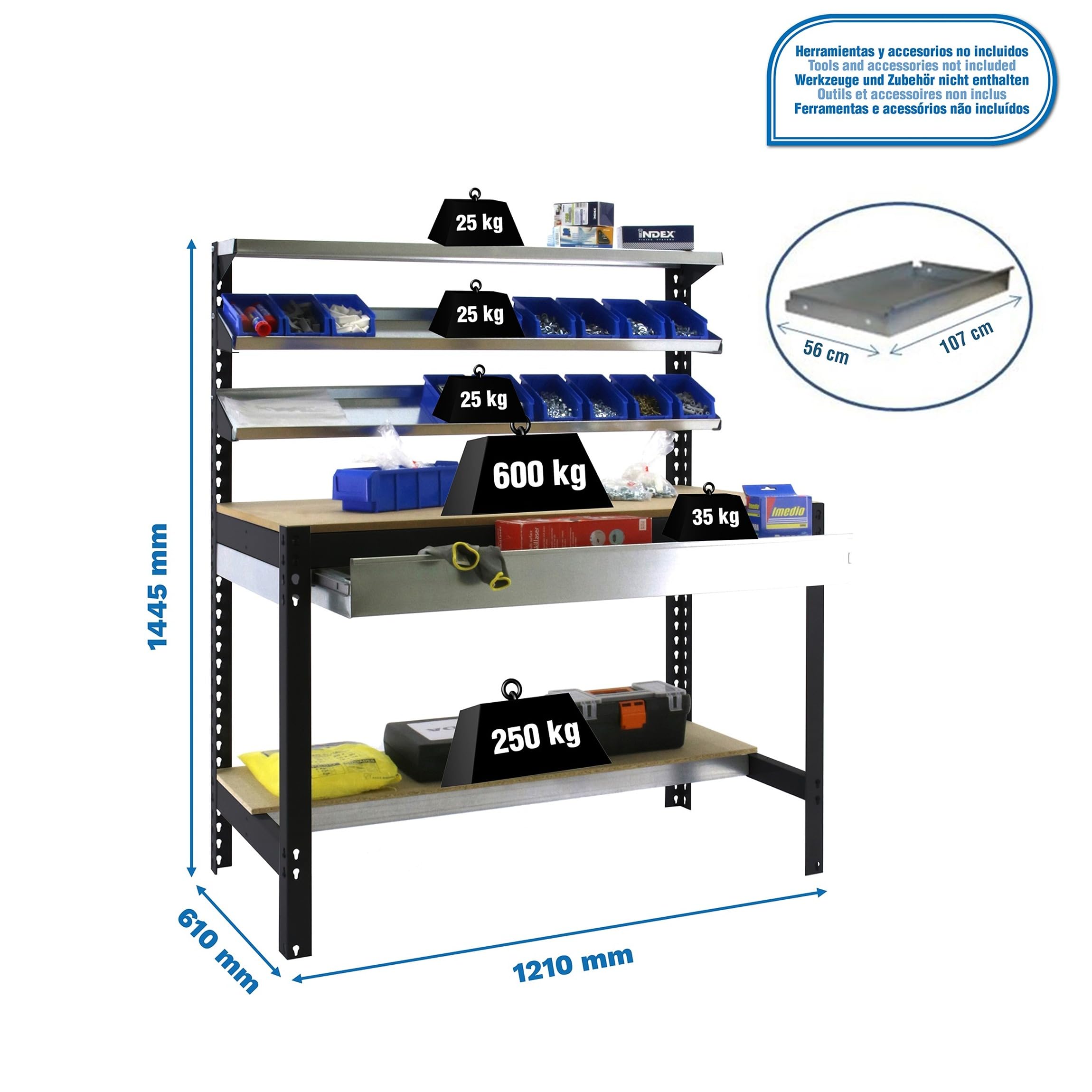 Simon Rack Banco de Trabajo con 3 repisas y cajón 1210x610 mm - BT1 | Capacidad Carga 600 kg, Pintura anticorrosión, Antracita , Montaje sistema clic