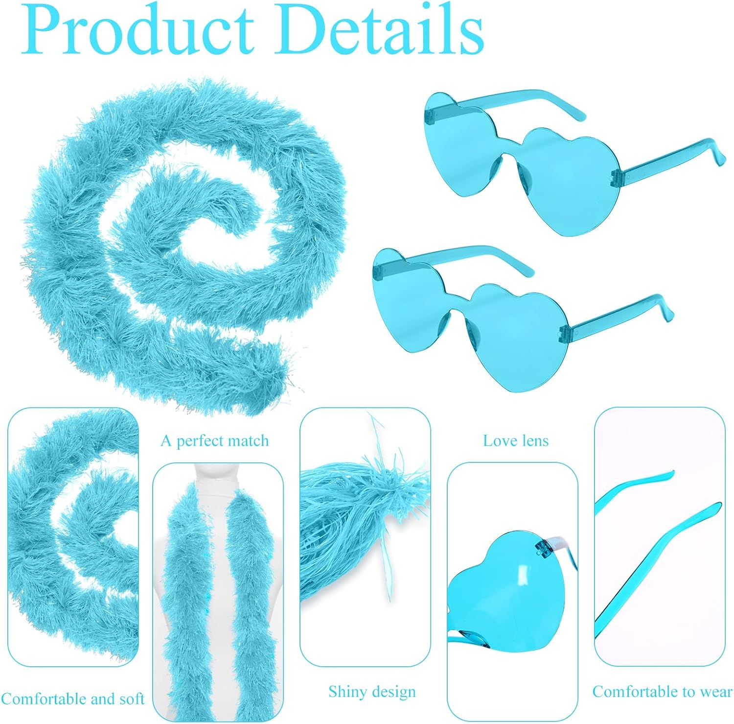 5 Ft 14Pcs Feather Boas and 14Pcs Heart Sunglasses Set Artificial Fluffy Boas for Party Bulk Women Bachelorette Party - Image 4