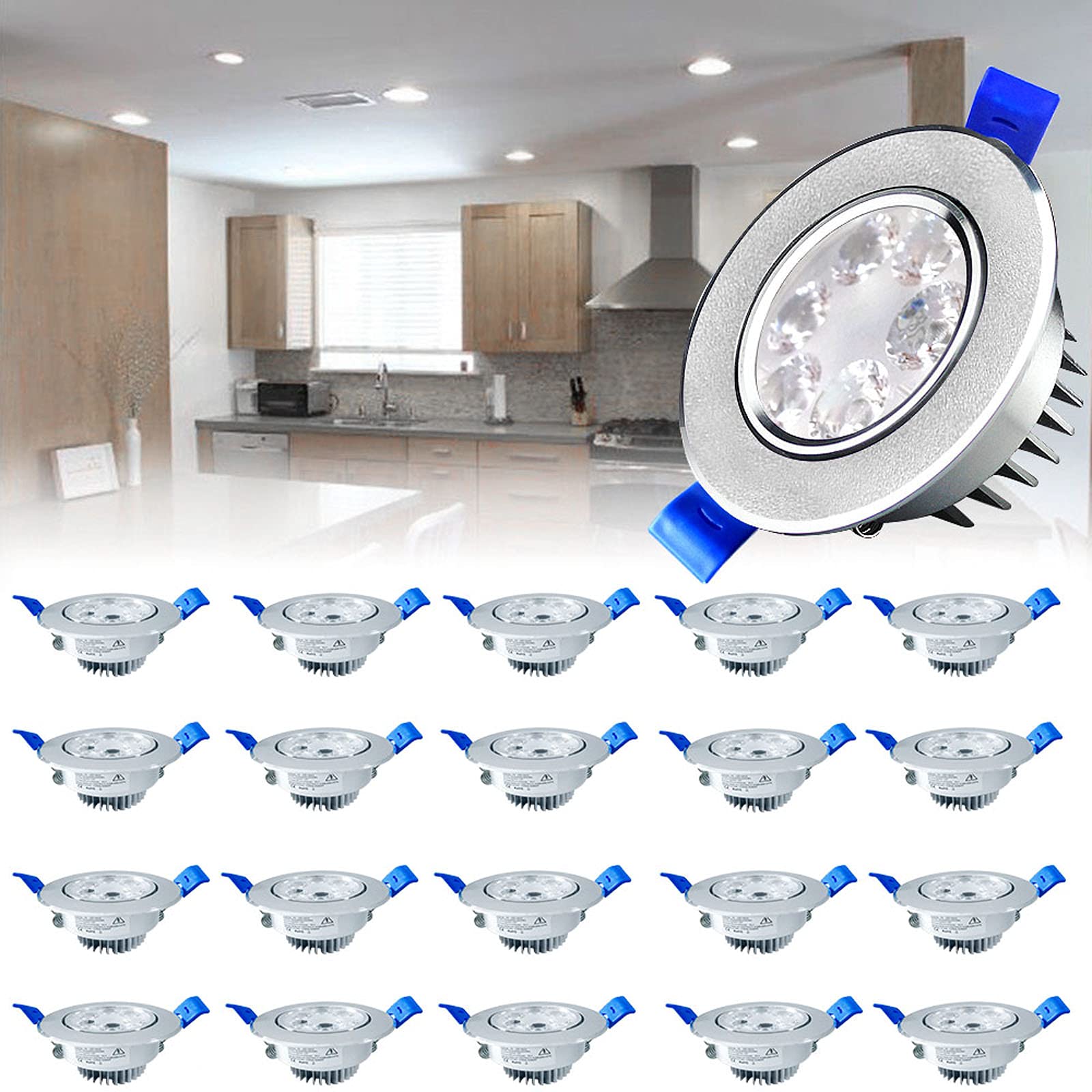 YRHome Faretto da incasso a LED 230V Piatto Lampada da incasso Set da 20 pezzi 3W Lampada da bagno Faretto da incasso Alluminio Mini Faretto da soffitto per soggiorno, camera da letto e cucina 20x3W