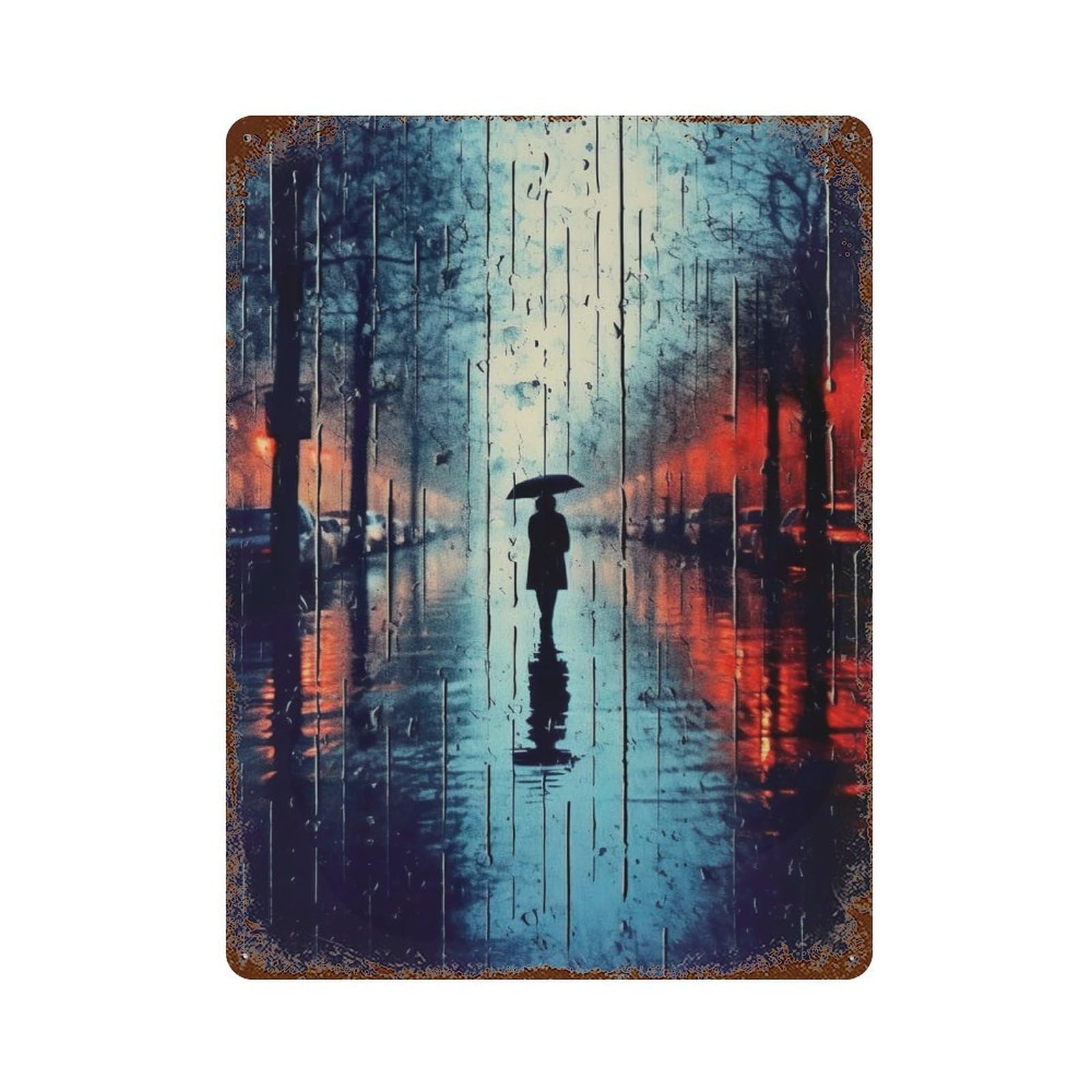 Garage Style Lonely Person in Rain Aged Metal Wall Plaque 15.7"x11.8", Farmhouse Wall Decor for Bar And Workshop
