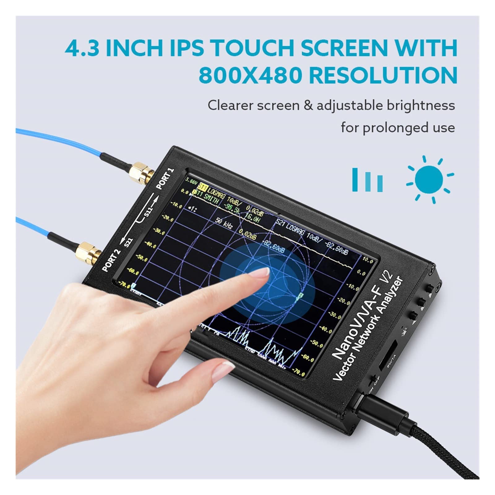 Analizador de red vectorial V2 Pantalla LCD IPS de 4,3 pulgadas Analizador de antena de 50 KHz-3 GHz Onda corta HF VHF UHF(NanoVNA-F)