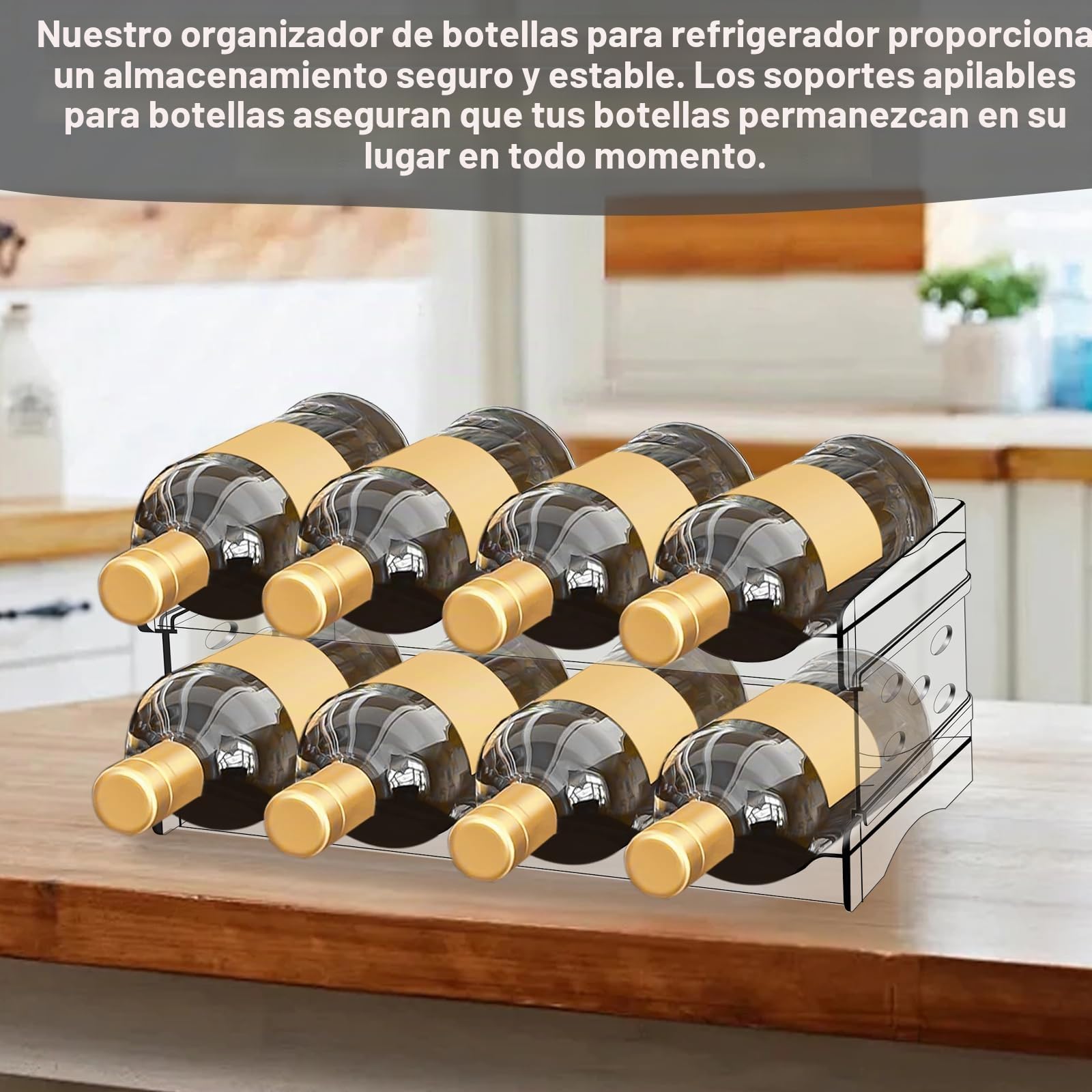 Botellero organizador de botellas para frigorífico: Botellero apilable Botellero, Soporte transparente para botellas de agua, refrigerador, botellero, estante para latas para encimera de cocina
