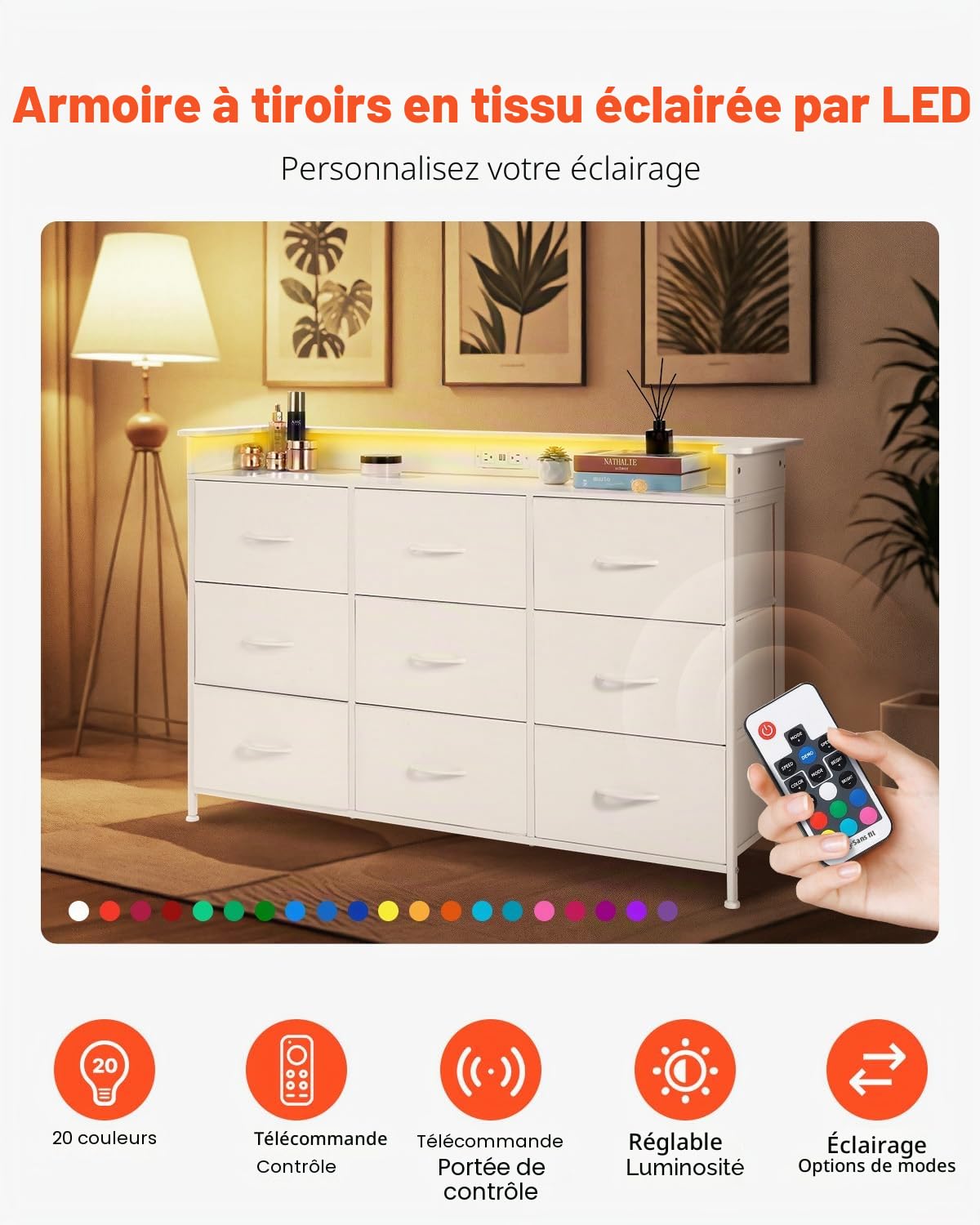 VEVOR Commode Haute en Tissu à 9 tiroirs, Meuble de Rangement avec bacs Tissu, tiroir de Rangement pour Placard, Cadre en métal Robuste, lumières LED et Prise intégrée, pour Chambre, Couloir, Blanc