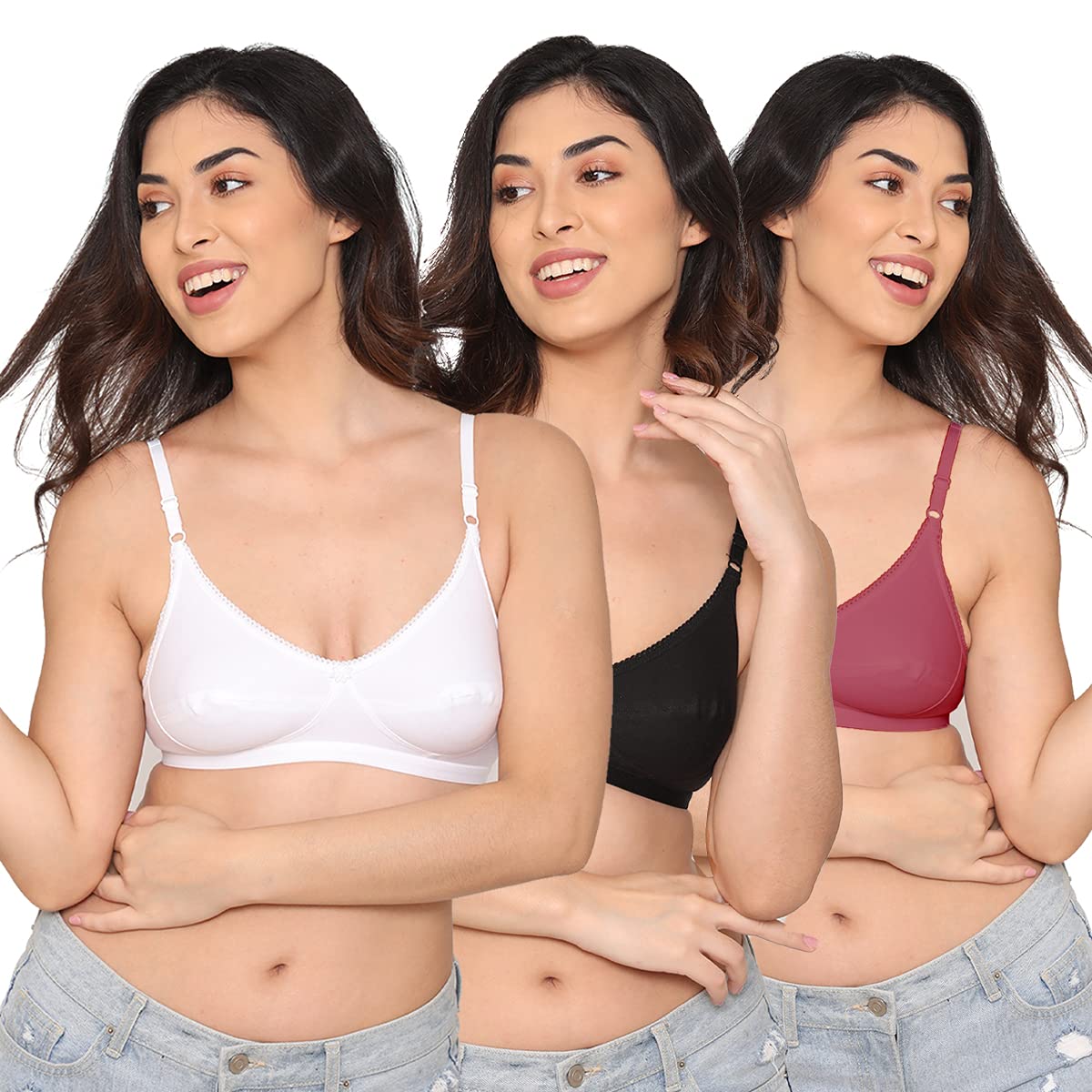 Kalyani5050 Women's Non-Padded Non-Wired Seamed Regular Wear Everyday Bra Pack of 3