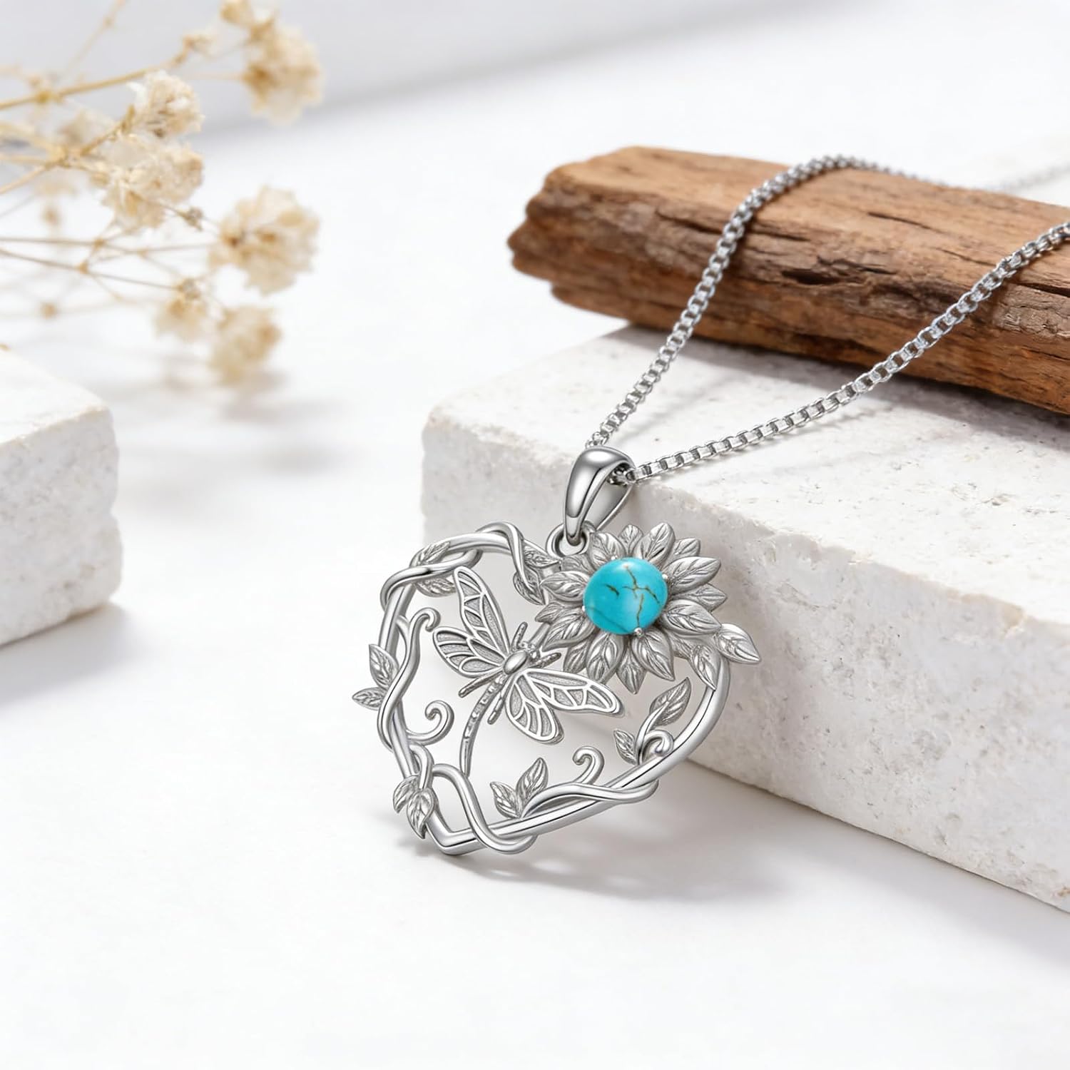 Turquoise Sunflower Dragonfly Heart Pendant Necklace, Boho Jewelry for Women Gift/Daily/Boho Outfits