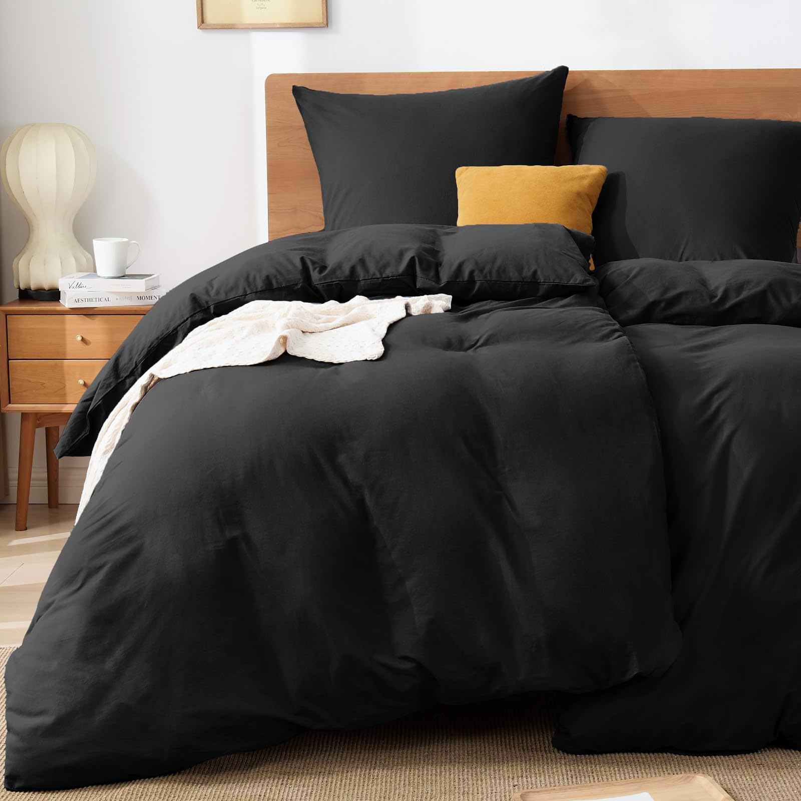 BEDELITE Bettwäsche 135x200 Baumwolle 4teilig - Bettbezüge 135x200cm 2er Set Schwarz mit 2 Kissenbezüge 80x80 cm, Oeko-TEX Bedding weiche und kuschelige Bettwaren
