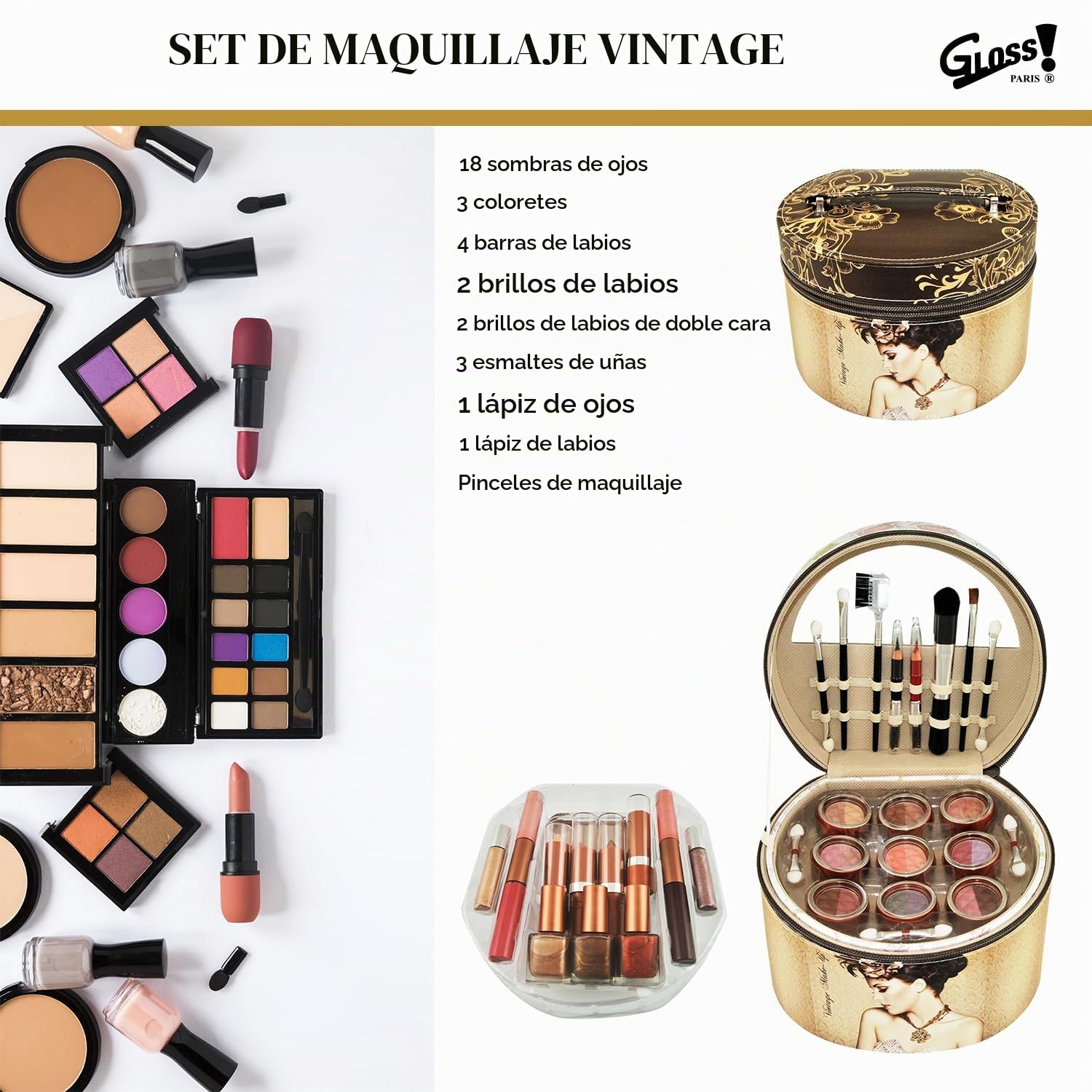 GLOSS ! Maletín de maquillaje - Estuche de belleza - Paleta de maquillaje - Mate y brillante - Estuche de regalo original para mujer, cumpleaños, Día de la Madre, Navidad, San Valentín - GOLD