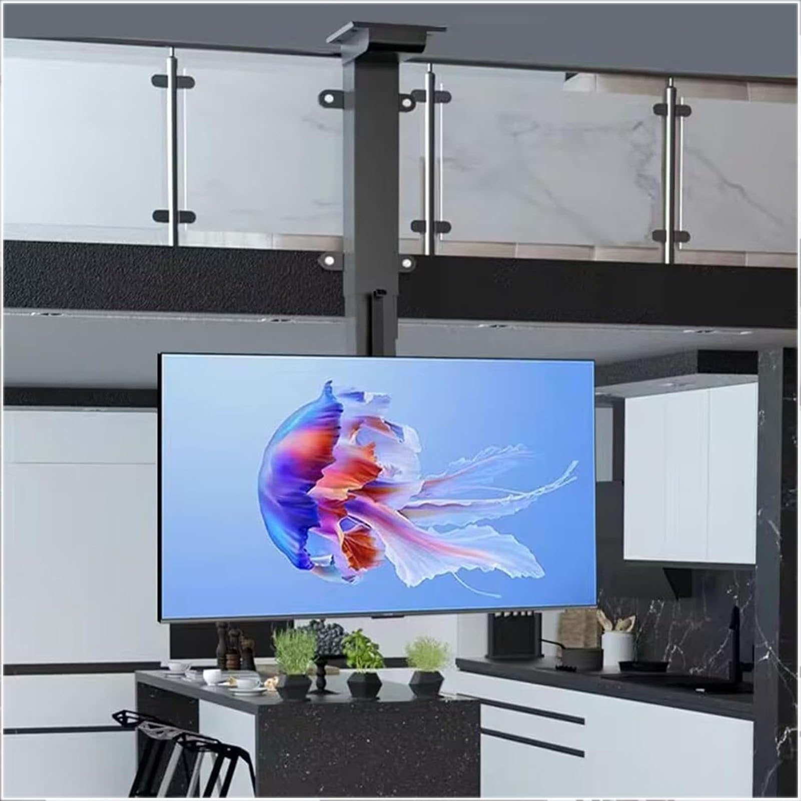 THEGA Electric Ceiling TVs Mount Bracket - Motorized TV Lift With Remote Control, 360° Manual Rotation, Telescopic Electric TV Lift With Auto Lifting, Fits 32-75 Inch TVs