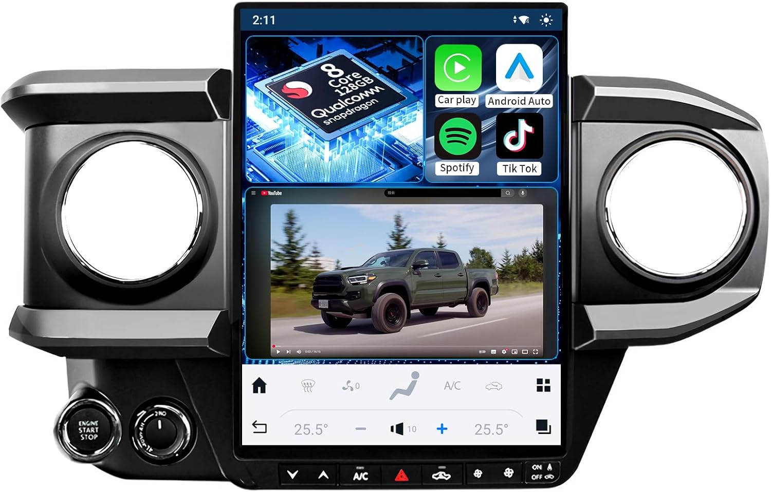 Car Radio Stereo for Toyota Tacoma 2016-2023, 13.8 inch Qualcomm Wireless Carplay Android Auto HD Touchscreen Headunit Upgraded with Qualcomm 8Core 8+128G Bluetooth 5.0 GPS Navigation DSP WiFi 4G SWC