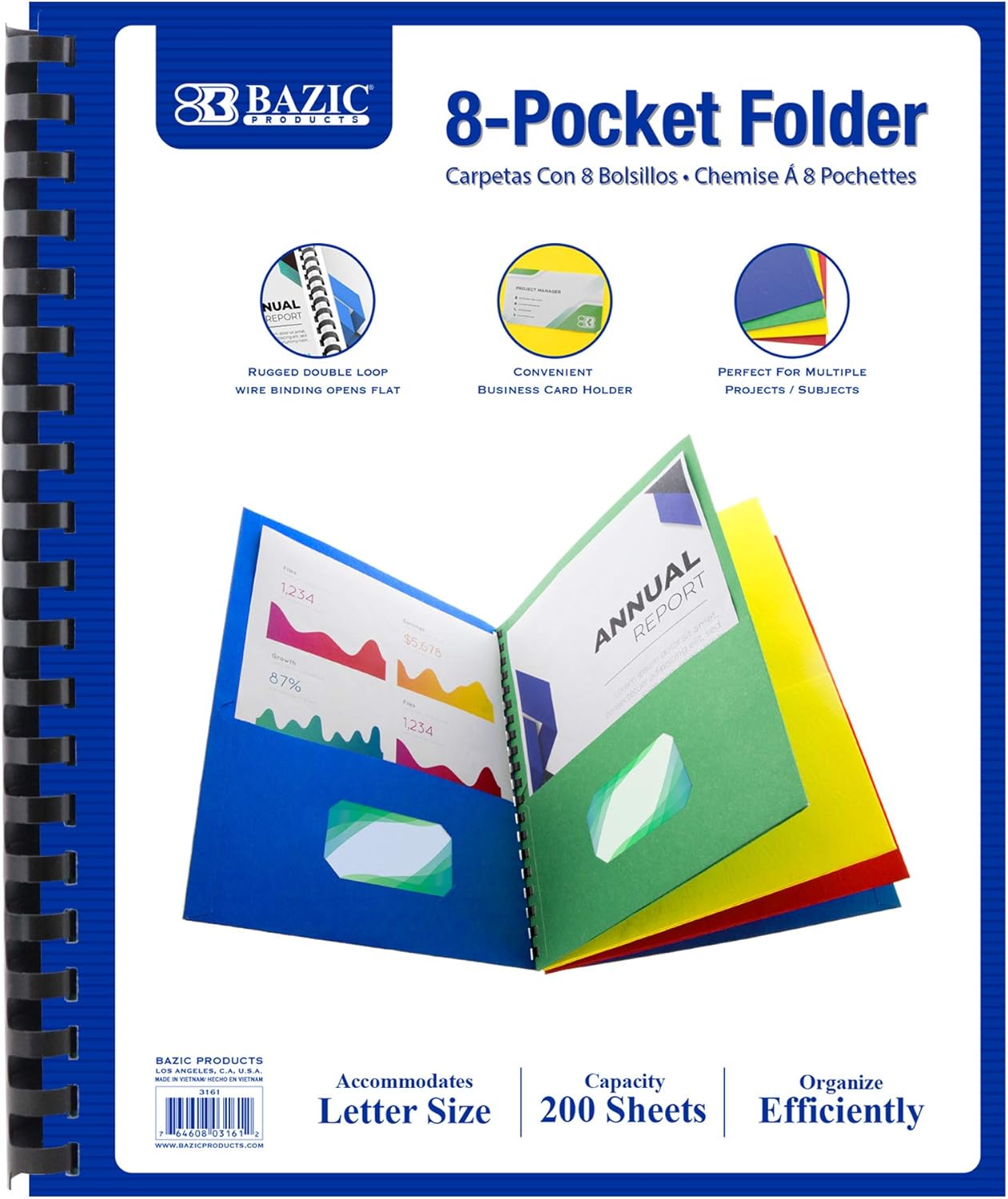 BAZIC Products 8 Pocket Folder Portfolio, Double Loop Wire Binding, Letter Size Paper Organizer for Office, School, Business, Presentations, Projects & Document Storage, 12-Pack