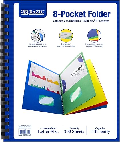 BAZIC Products Carpeta de 8 bolsillos con encuadernación de alambre de doble bucle, carpetas de papel tamaño carta para organizador de documentos de