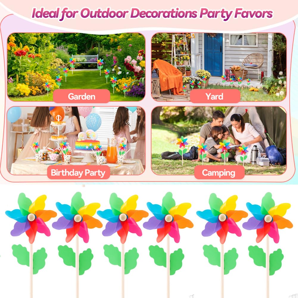 24 Pack End of Year Gifts Pinwheels for Kids Students Rainbow Flower Wind Spinners for Yard and Garden with 24 Pcs Cards and 16 ft Silk Ribbon,Wind Sculptures for Outdoor Decorations Party Favors - Image 5
