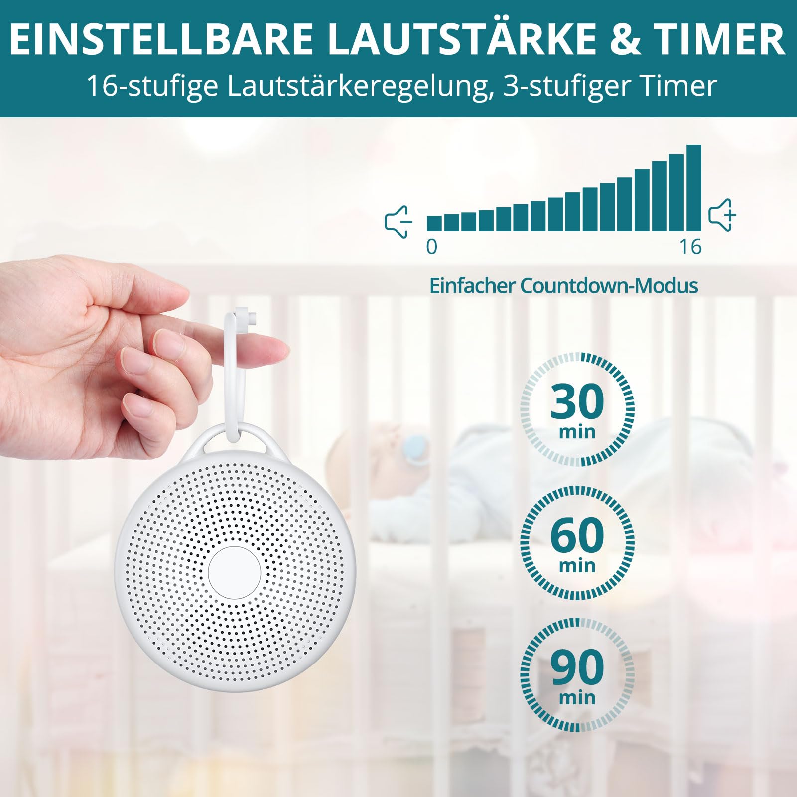 White Noise Machine Einschlafhilfe 24 Beruhigende Geräusche Tragbar 2000mAh Akku 3-Timer Memory-Funktion 16 stufige Lautstärke Babys Erwachsene Weiß