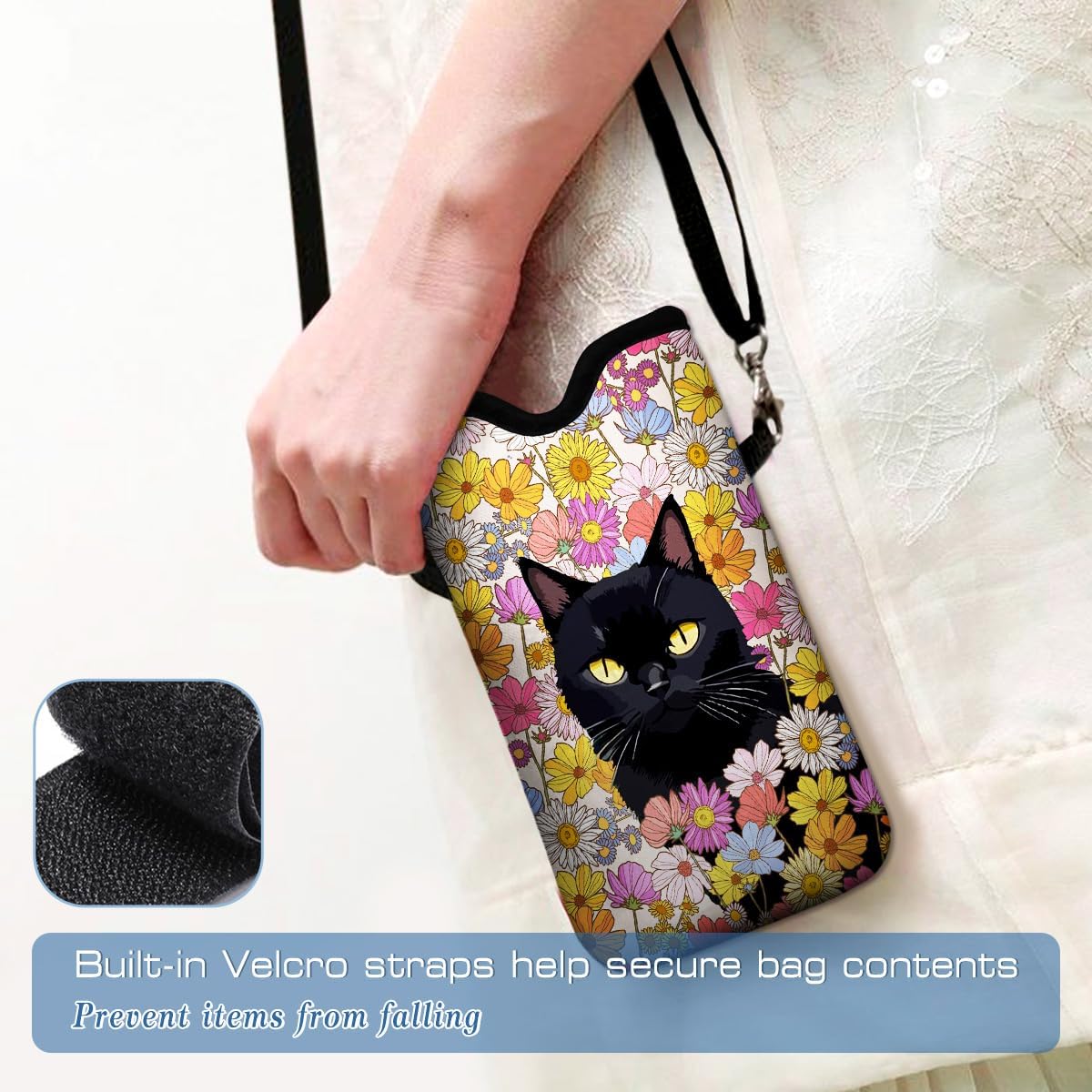 Universal Neoprene Cell Phone Pouch 7.1 X 4 in Mobile Protection Case Bag with Crossbody Strap/Neck Lanyard Black Cat Floral Printed Pattern - Image 5
