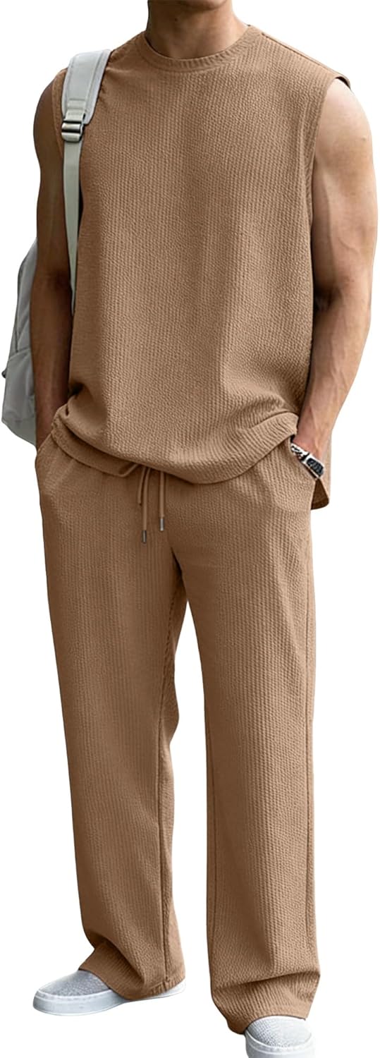 JMIERR 2026 Men 2 Piece Set Casual Tank Loose Fit Pants Elastic Textured Rib Beach Lounge Sleeveless Shirts