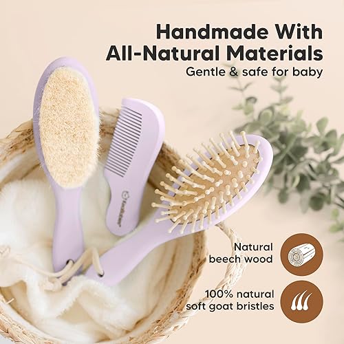 Miniatura 4 de Juego de cepillo y peine para el pelo del bebé para recién nacido, juego de cepillos de madera para el pelo del bebé con cerdas suaves de cabra,