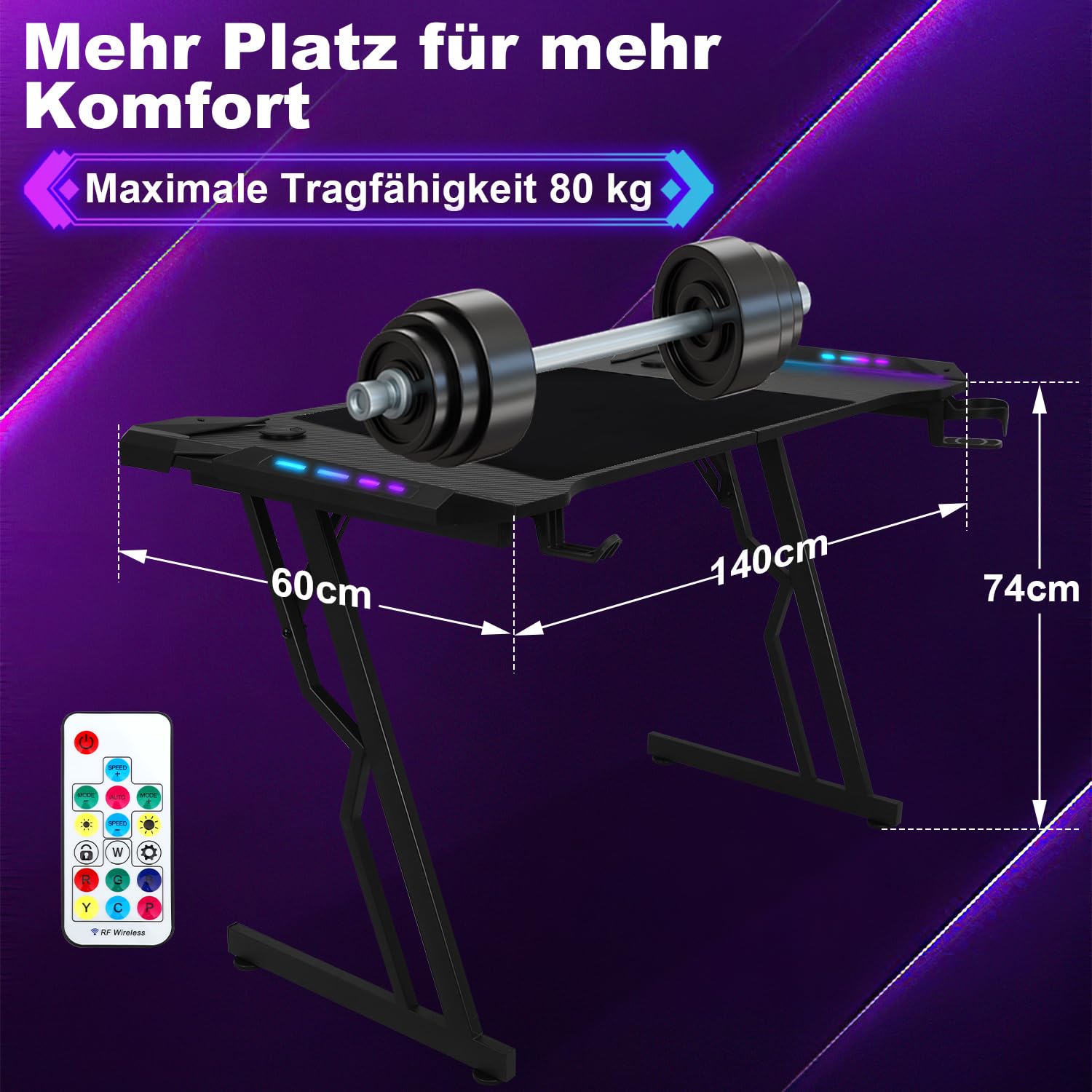 Scrivania da gioco, tavolo da gioco con LED 140 x 60 cm, tavolo a forma di Z con tappetino per mouse, tavolo per computer ergonomico per gaming con gancio per cuffie e porta bevande, tavolo