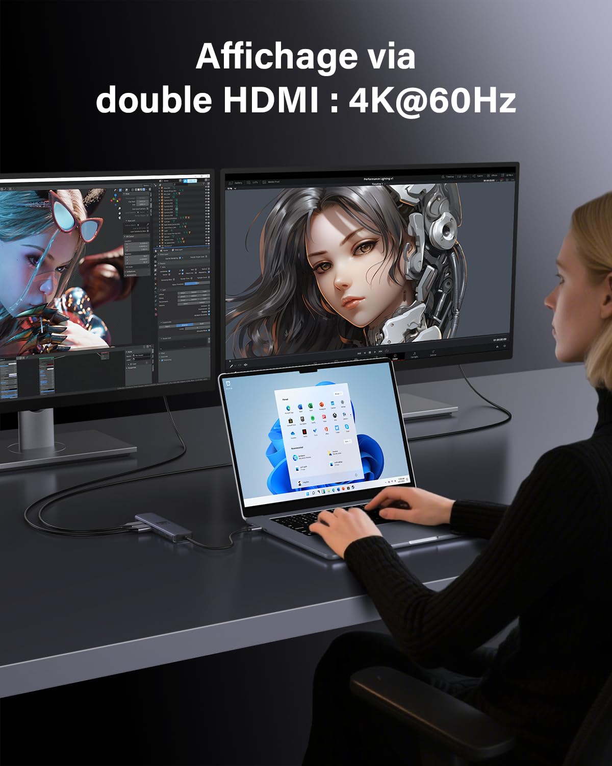 Newmight 7 en 1 Station d'accueil USB-C Double HDMI 4K60Hz 2 Ports HDMI 3 Ports USB 3.0 Charge PD 100W