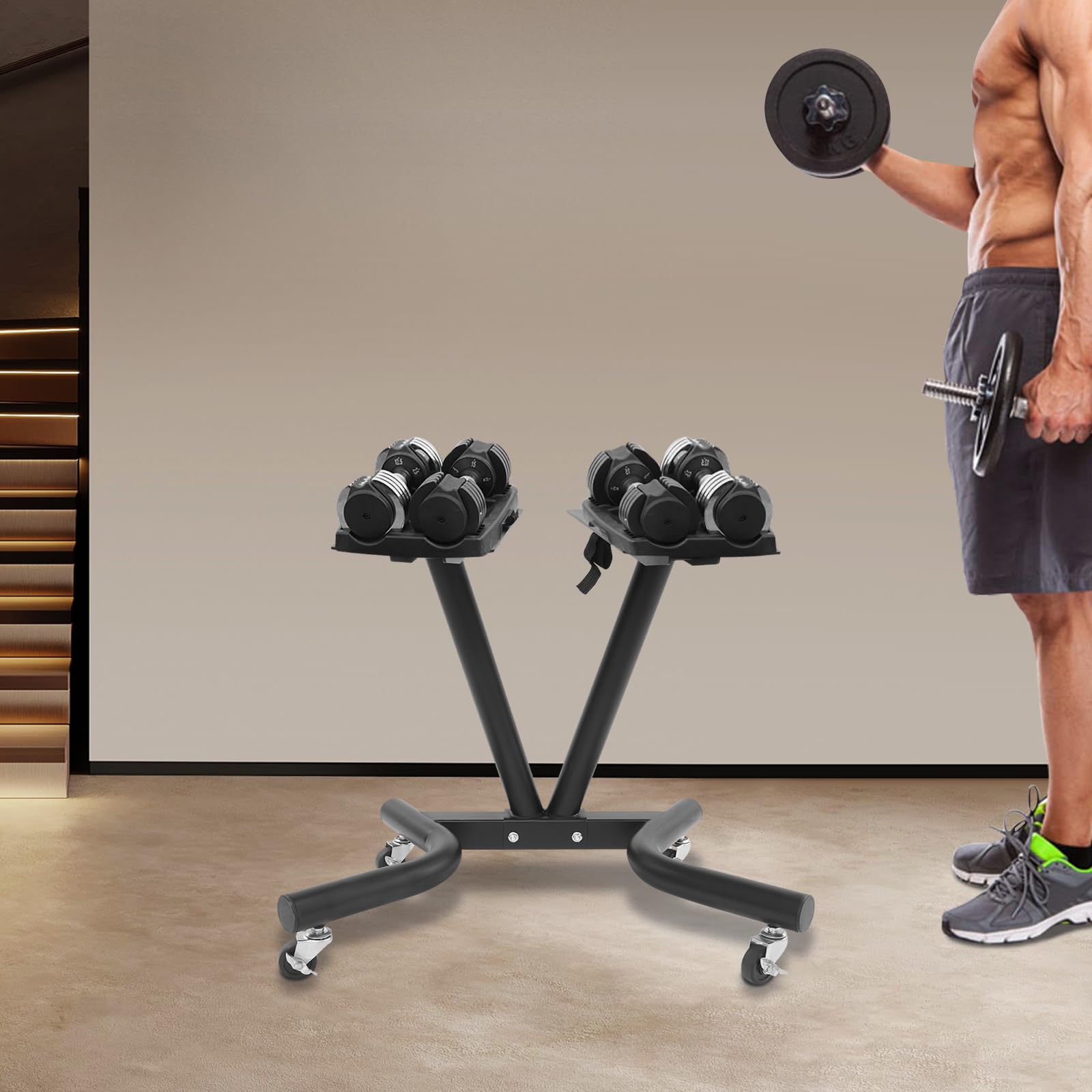 Regulowany stojak na hantle w kształcie litery V, wielofunkcyjny stojak na hantle z kółkami, obciążenie każdej tacy 50 kg, do domu i studia fitness