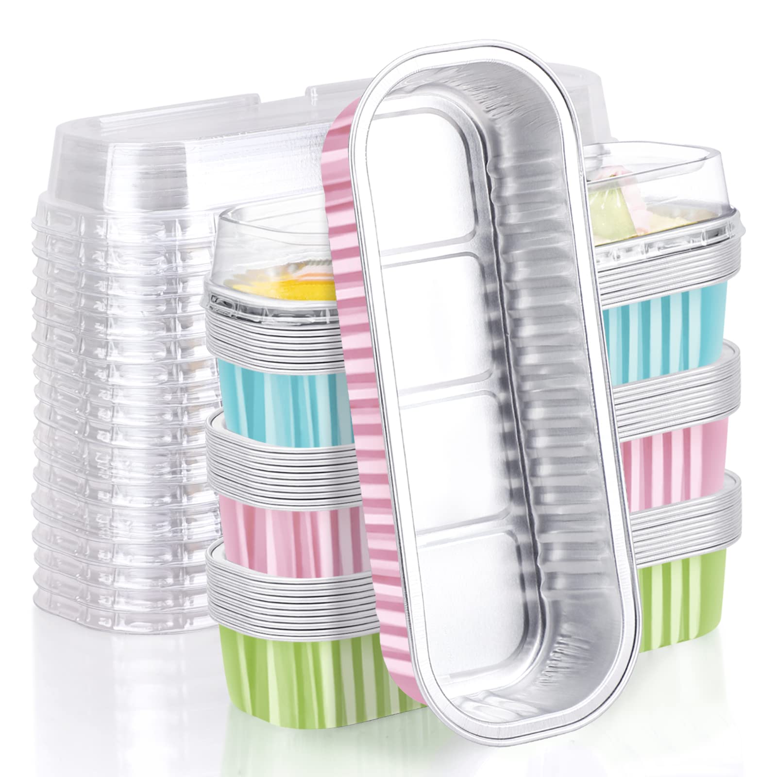 EUSOAR Cupcake Liners with Lids, 30pcs Mixed Colors 6.8oz Aluminum Disposable Foil Ramekins Pan Tin，Cupcake Baking Cups Containers Wrappers, Dessert Cheesecake Creme Brulee Ramekins Pan