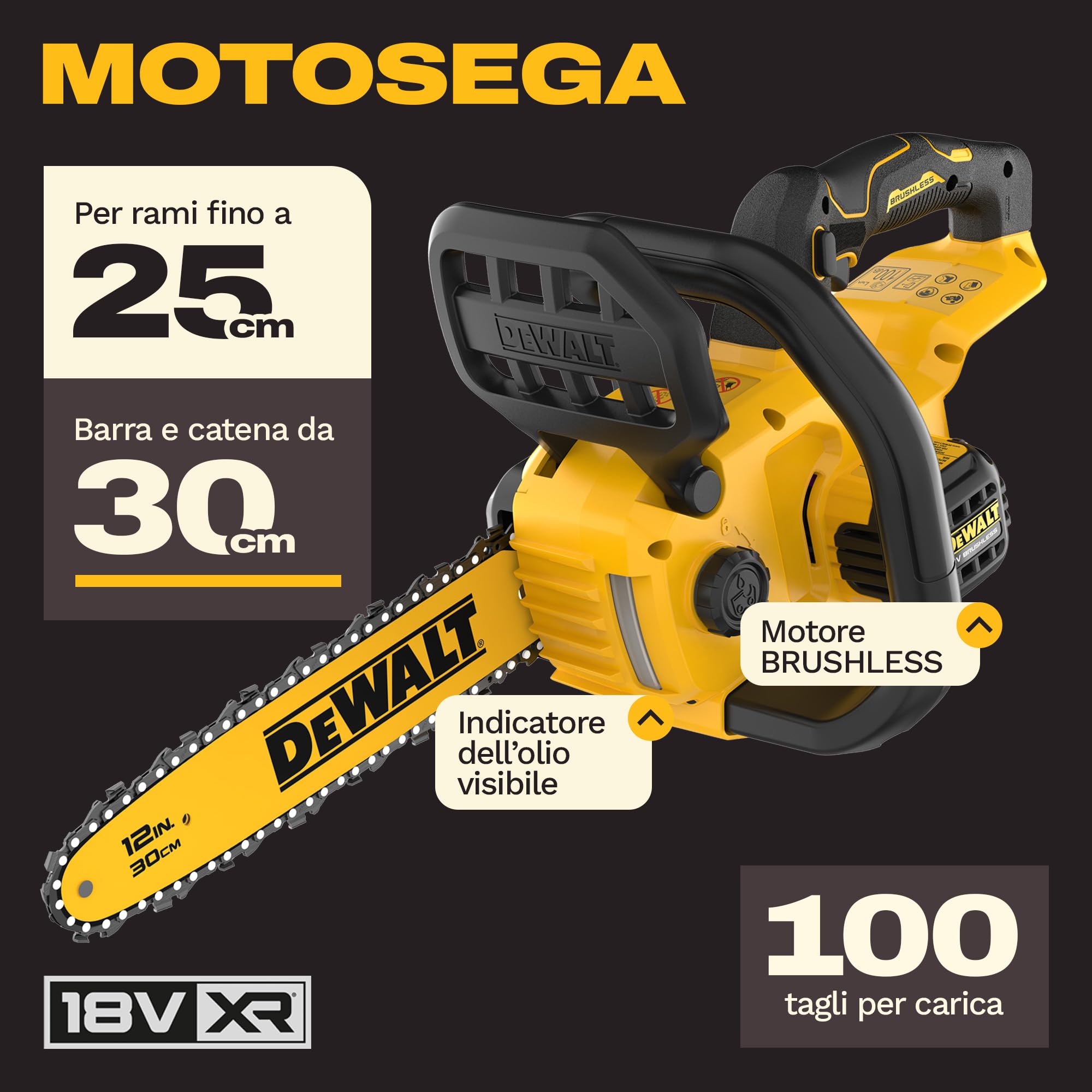DEWALT Motosega compatta senza spazzole 18V XR 30cm, Solo utensile, DCMCS565N-XJ