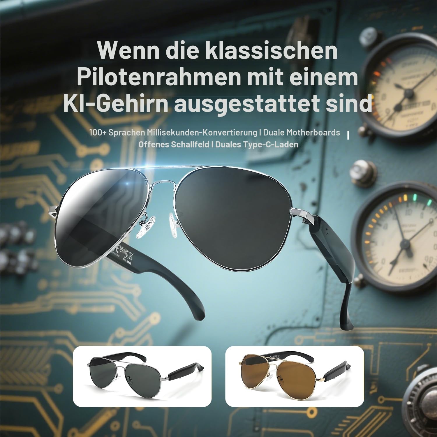 LONGLU Intelligente Brille, KI-Smart-Brille mit Hyper MZT App - Echtzeit-100+ Sprachübersetzung, Touch-Fotografie, UV400-Schutz & Bluetooth 5.4 (Braun)