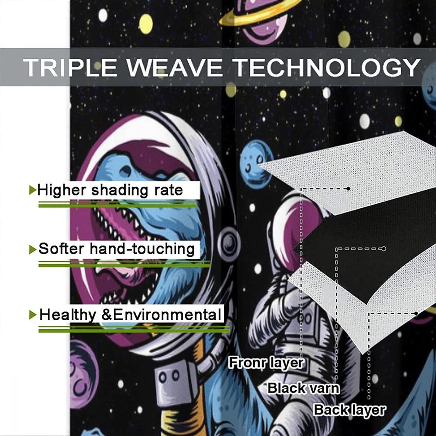 Funny Dinosaur Rod Pocket Blackout Curtains for Bedroom - Cartoon Cool Astronaut Riding Shark Psychedelic Galaxy Outer Space Window Drapes,Thermal Insulated Room Darkening Curtains 42x45in