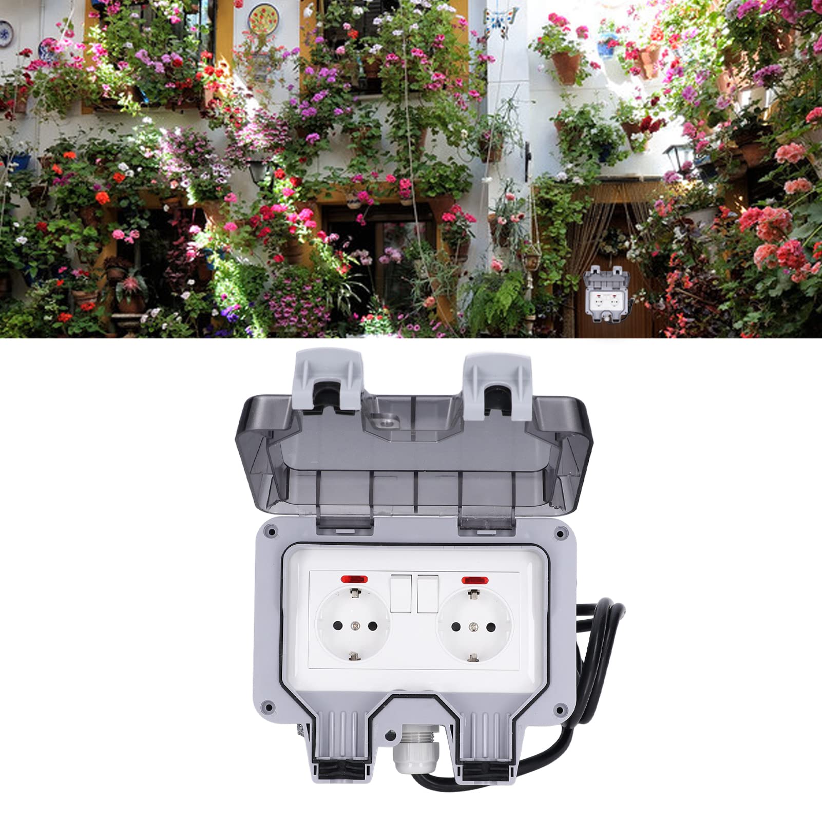 Garosa 16A Dual European Power Outlet con Interruttore di Alimentazione, Copertura Bloccabile, per Parchi, Giardino, Garage, con 3,0 M di Lunghezza del Cavo per Vasca Idromassaggio,