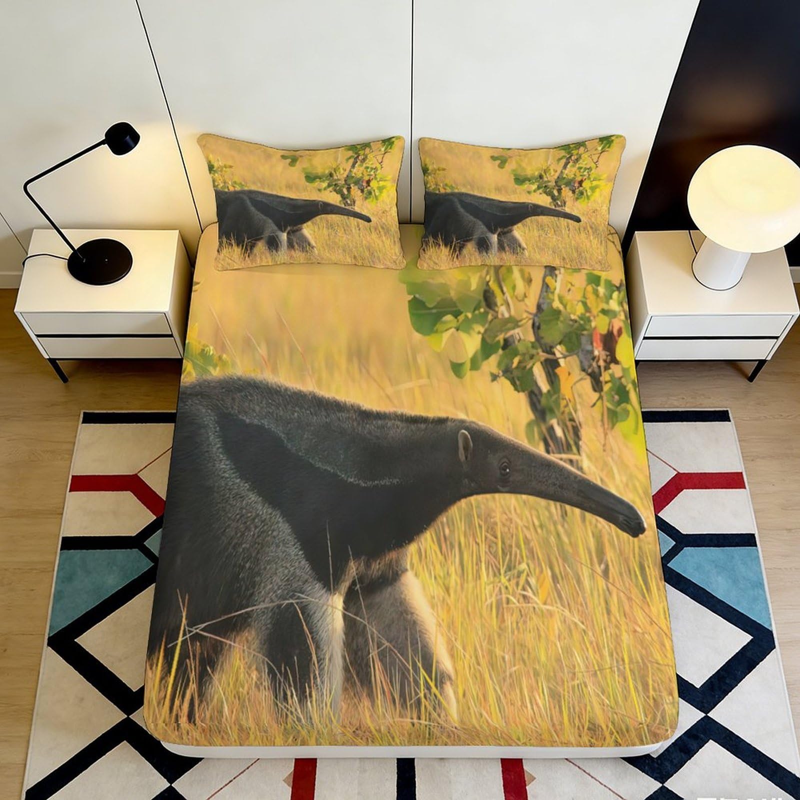 3D Printed Savanna Anteater Fitted Sheet Microfiber Soft Non-Slip Animal Grassland Mattress Cover Bedroom Home 90x200x25cm