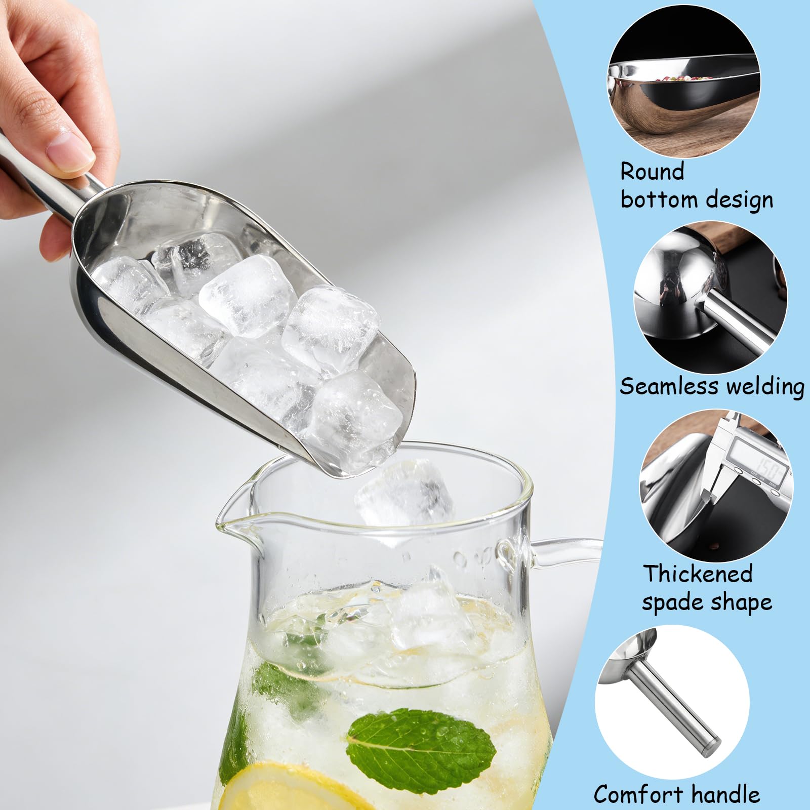 2 paletta per farina, in acciaio inox, per addensare, per cubetti di ghiaccio, non magnetica, per cucina, bar, matrimoni, buffet, lavabile in lavastoviglie, colore: argento