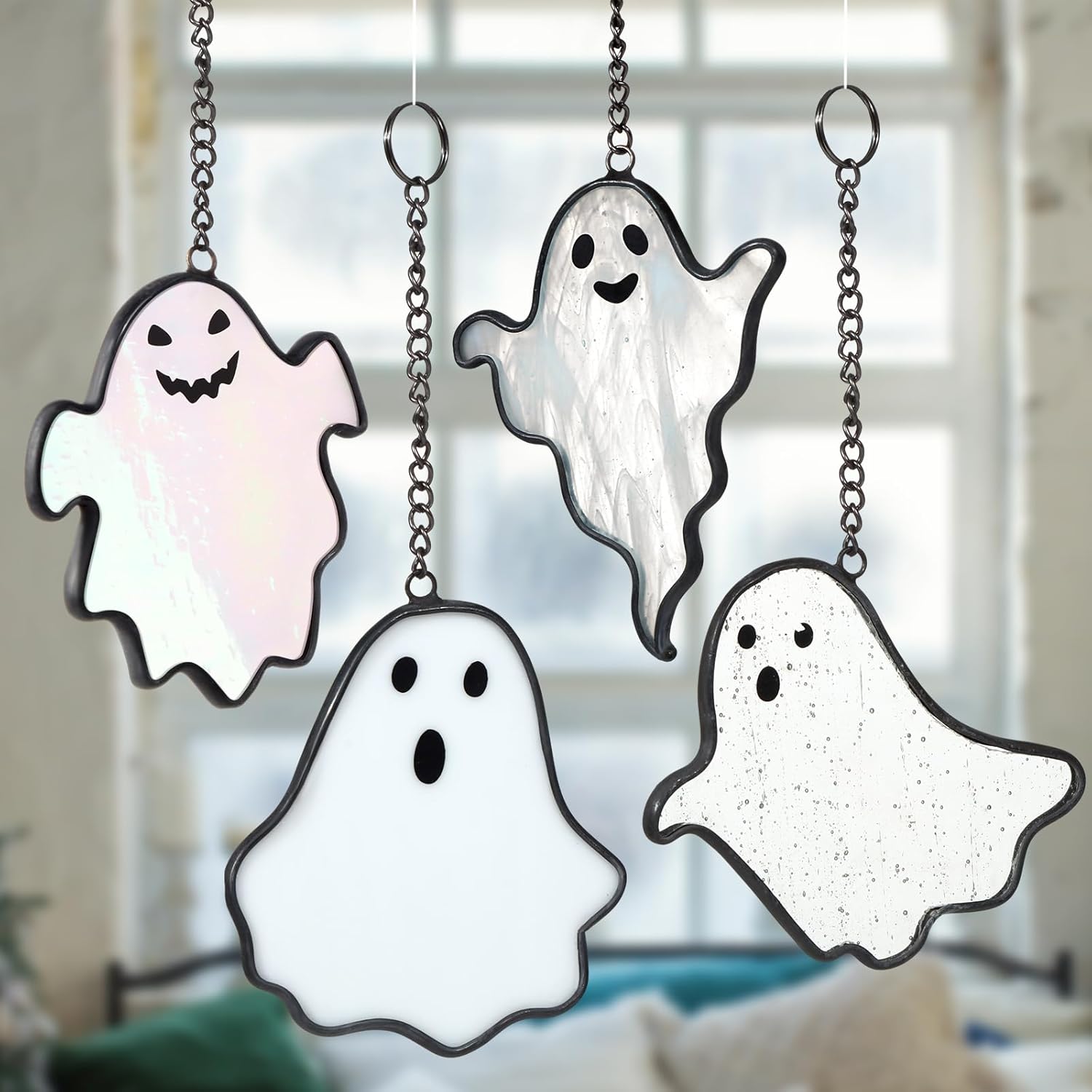Yungyan 4 Pcs Halloween Ghost Stained Glass Suncatcher Hand Painted Window Hangings Suncatcher Halloween Goth Decoration for Home, Office, Kitchen, Living Room, Wall
