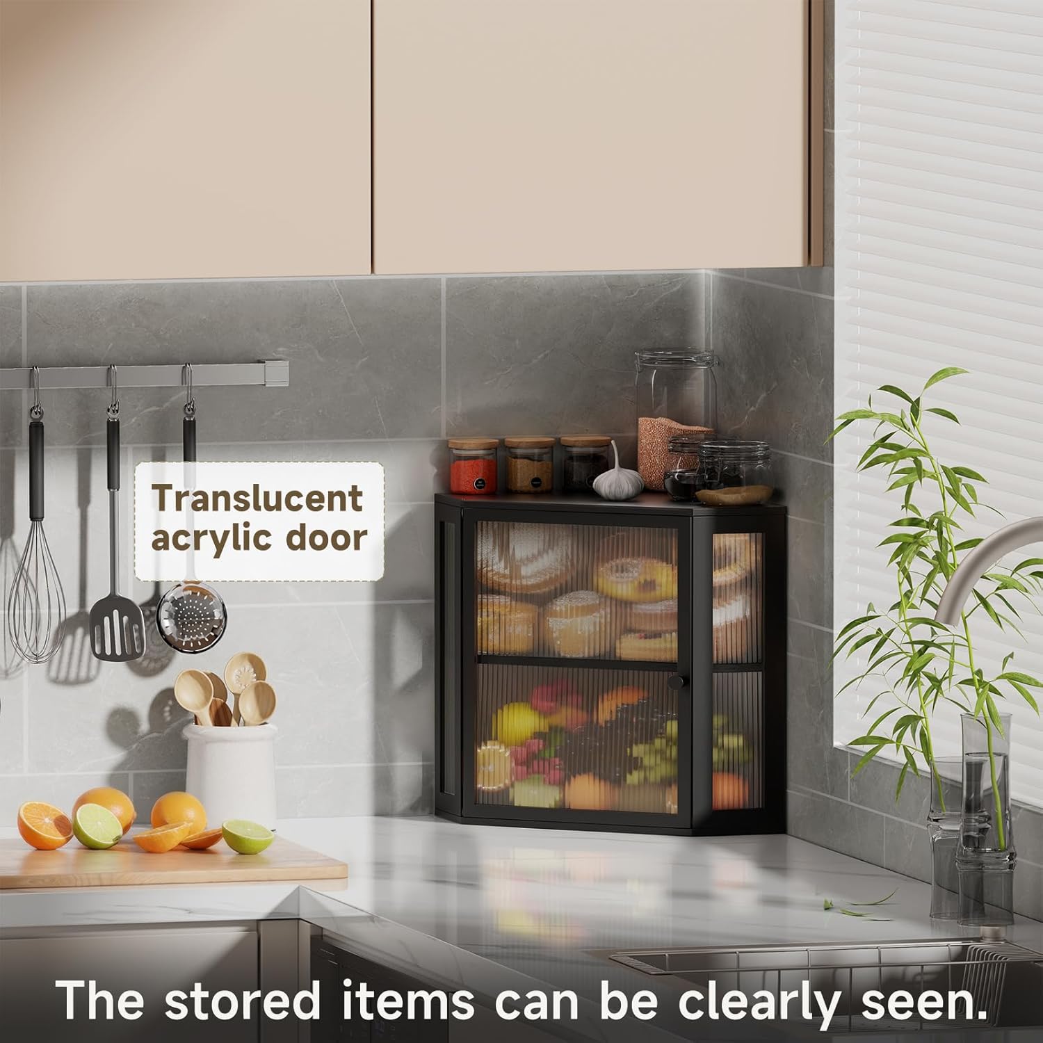 Corner Bread Box for Kitchen Countertop,Double Layer Large Capacity Bread Storage Bin, Bamboo Bread Container with Acrylic Door (Black, Mediun)