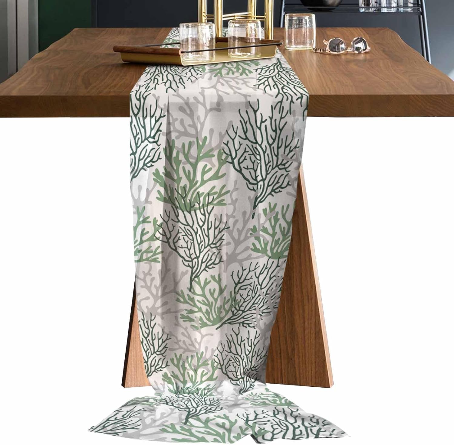 Sage Green Gray Coral Coastal Chiffon Table Runner, 10Ft Sheer Wedding Table Runner, Summer Beach Seaside Nautical Farmhouse Dress Scarves Gauze Table Runner Kitchen Island/Party Décor 27"x120"