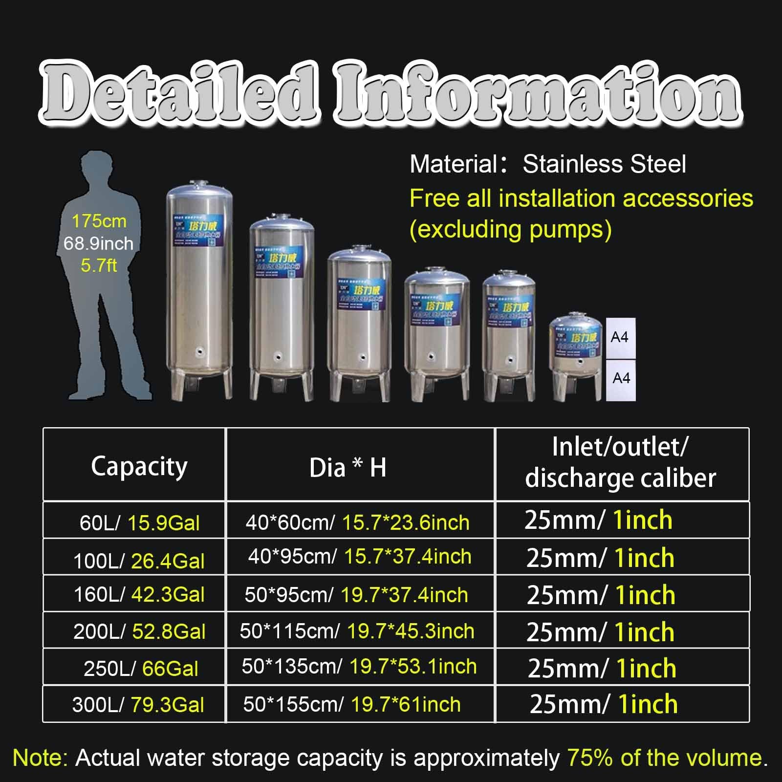 Tanque de presión para pozos de agua Lavable Depósito de agua a presión con accesorios, Gran Capacidad Acero Inoxidable Tanque Acumulador de Agua, Tanque de presión de pozo para riego y agua doméstica