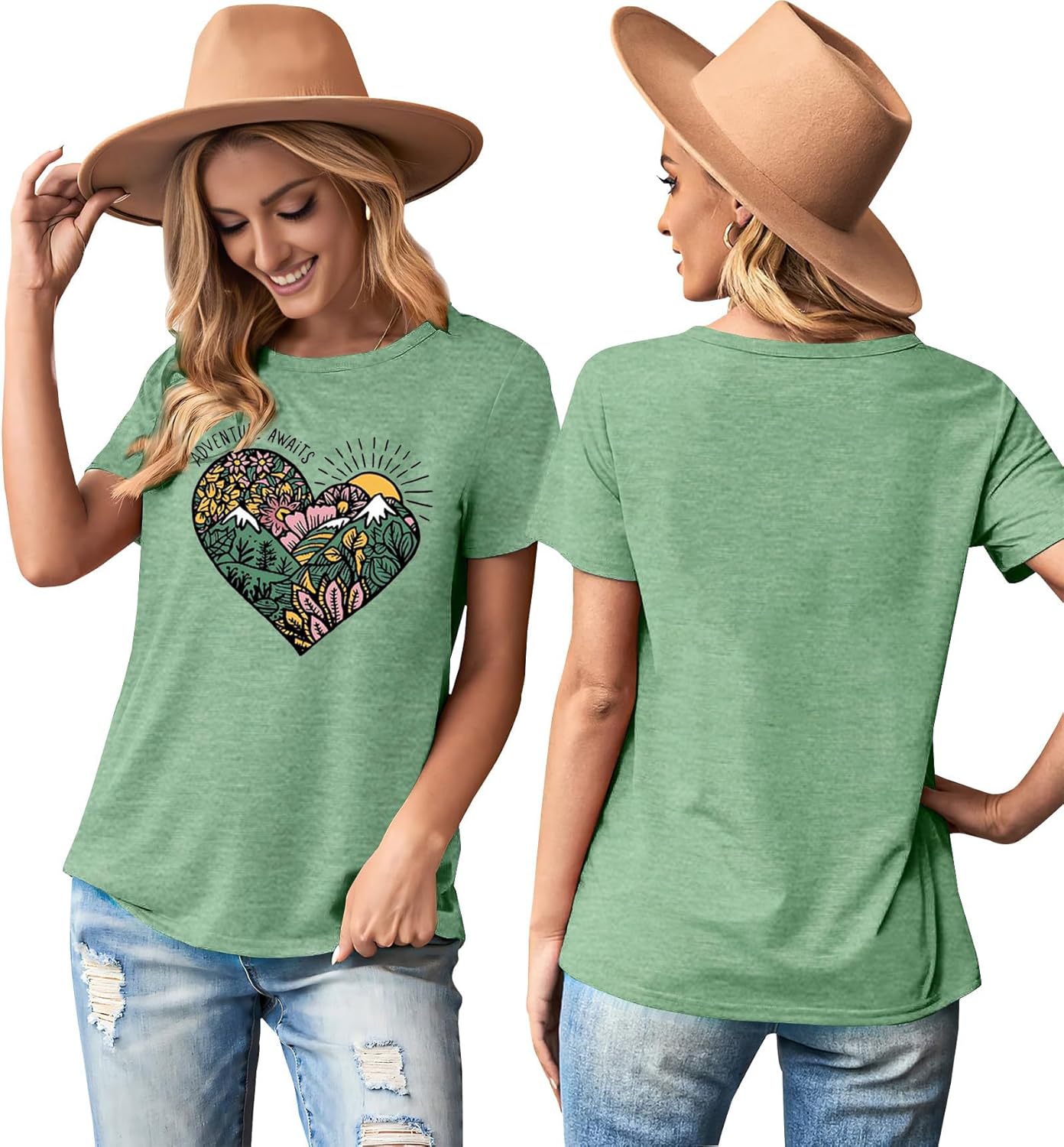 Graphic T-Shirts for Women Hiking Camping Trip Compass Printed Vintage Summer Casual Tees Holiday Workout Tops - Image 2