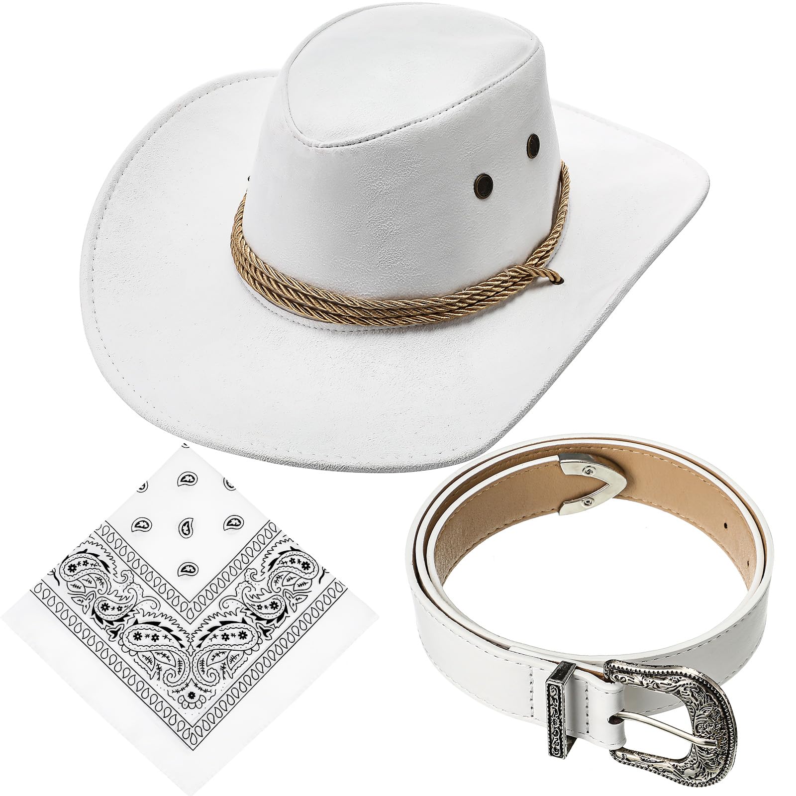 Haysandy Halloween 3 Pcs Cowboy Hat with Wide Brim Bandana Belt