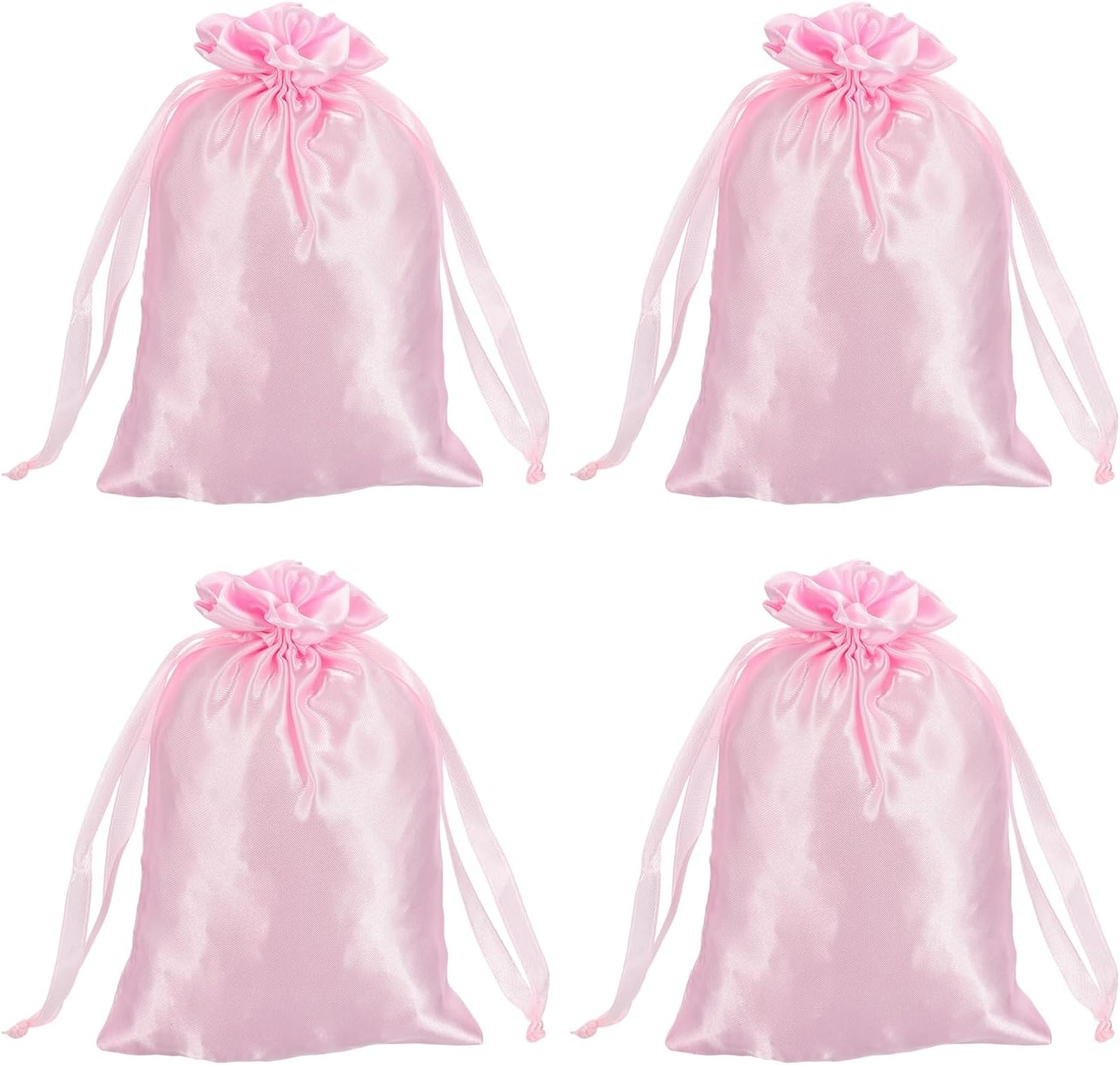 MECCANIXITY Satin Bags with Drawstring, 4x6 Inch Wedding Favor Bag Mini Gift Packaging Bag for Birthday Christmas Jewelry Party (Pink, Pack of 4)