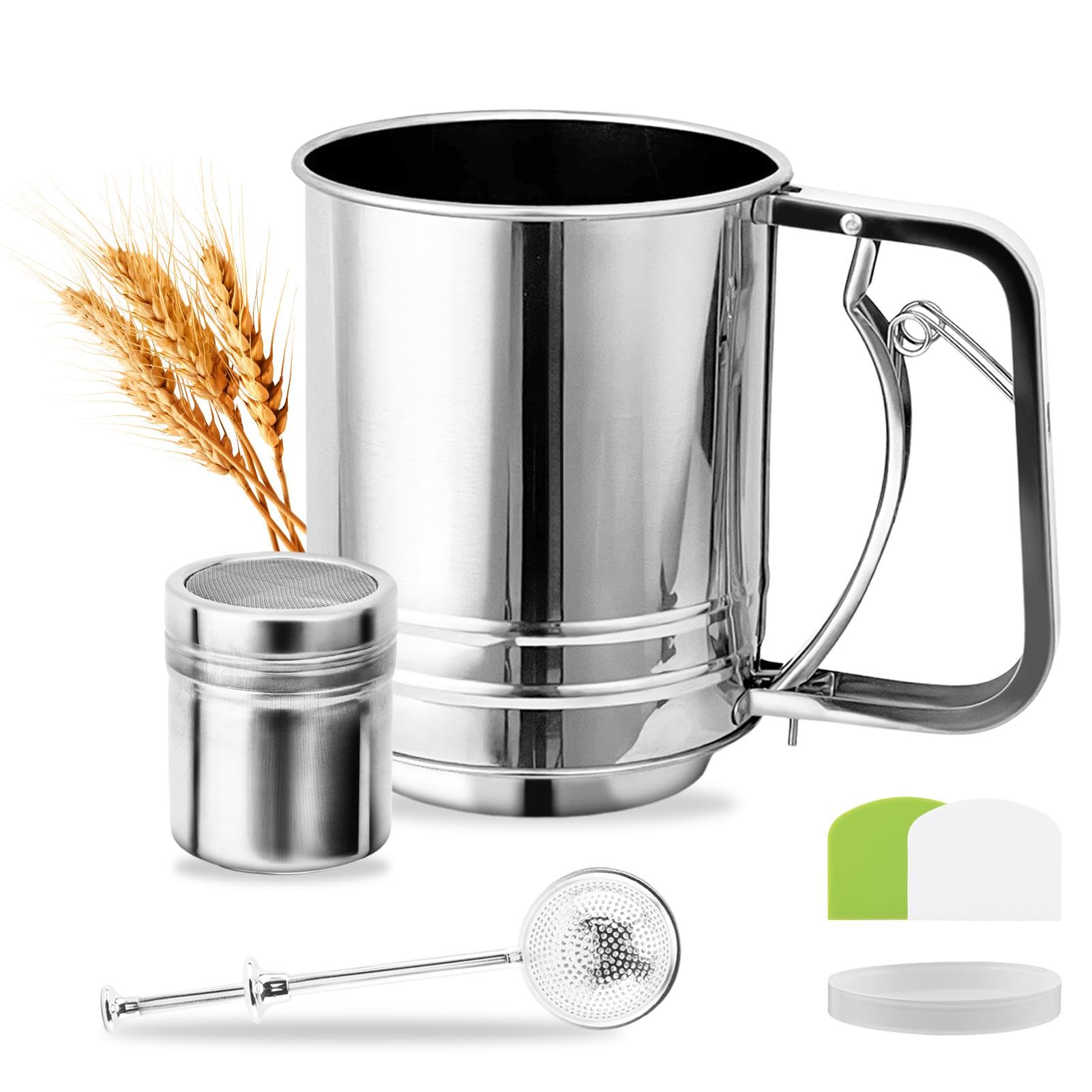 Flour Sifter, Stainless Steel 3 Cup Double Layer Fine Mesh Sifter for Baking, 3 in 1 Powdered Sugar Shaker Duster Set for Baking Cakes, Pastries, Pies, Cupcakes and Desserts