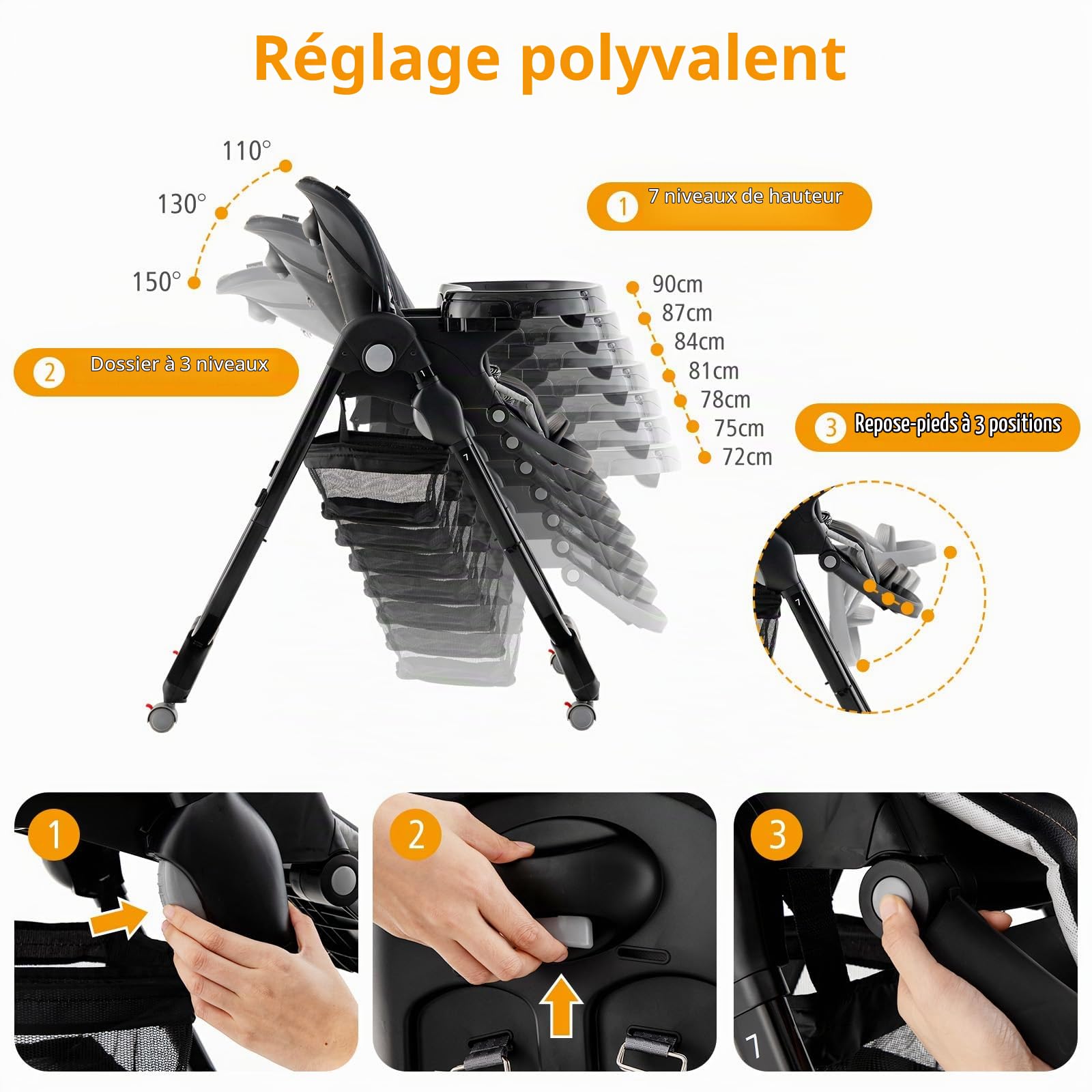 LIFEZEAL Chaise Haute Bébé Pliable avec Hauteur Réglable à 7 Positions, Dossier Inclinable, Chaise Haute Bebe Evolutive avec Coussin Confort, Double Plateau, Cardans, 6-36 mois,Charge 15 kg (Noir)