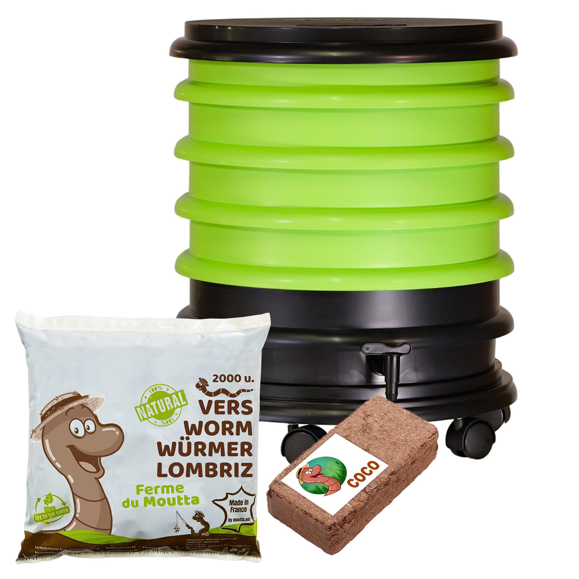 WORMbox | Wurmkomposter Wurmfarm Wurmkiste mit 4 Schalen Grün + 1kg Kompostwürmer / 2000 STK + 1 Coco + 1 Coco | 64 Liter | Regenwurmkomposter, Kompostwürmer produzieren Wurmhumus